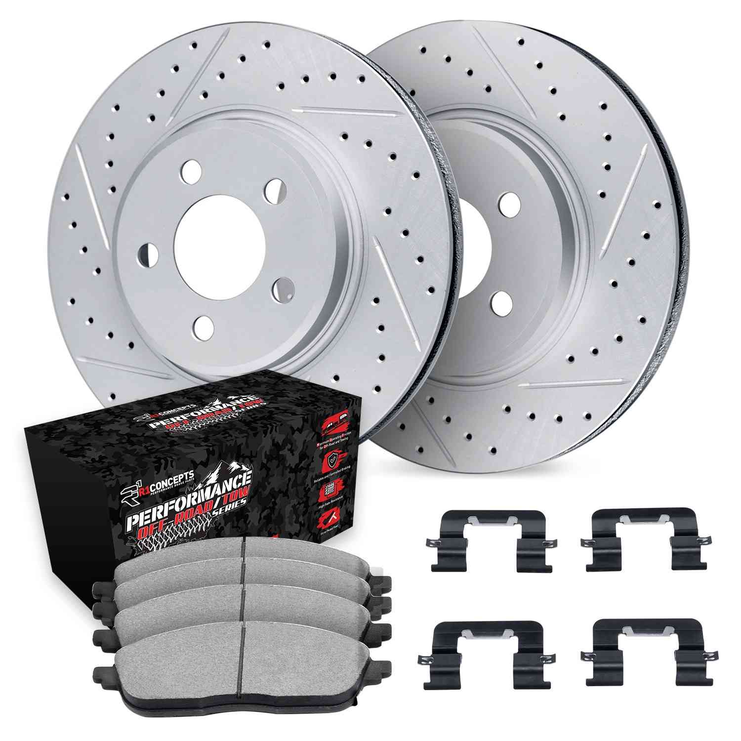R1 Concepts 07-22 Lexus LX570 Rear Drill/Slot Carbon Coated Rotor Set w/Off-Road/Tow Pads