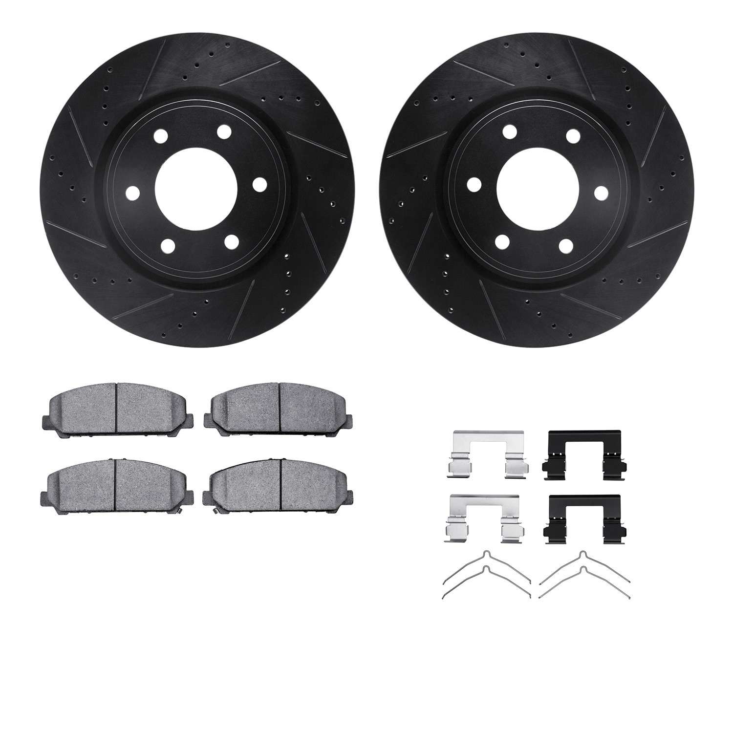 R1 Concepts 07-24 Infiniti QX56 Front Drilled & Slotted Black Brake Rotor Set w/Optimum OE Pads and Hardware