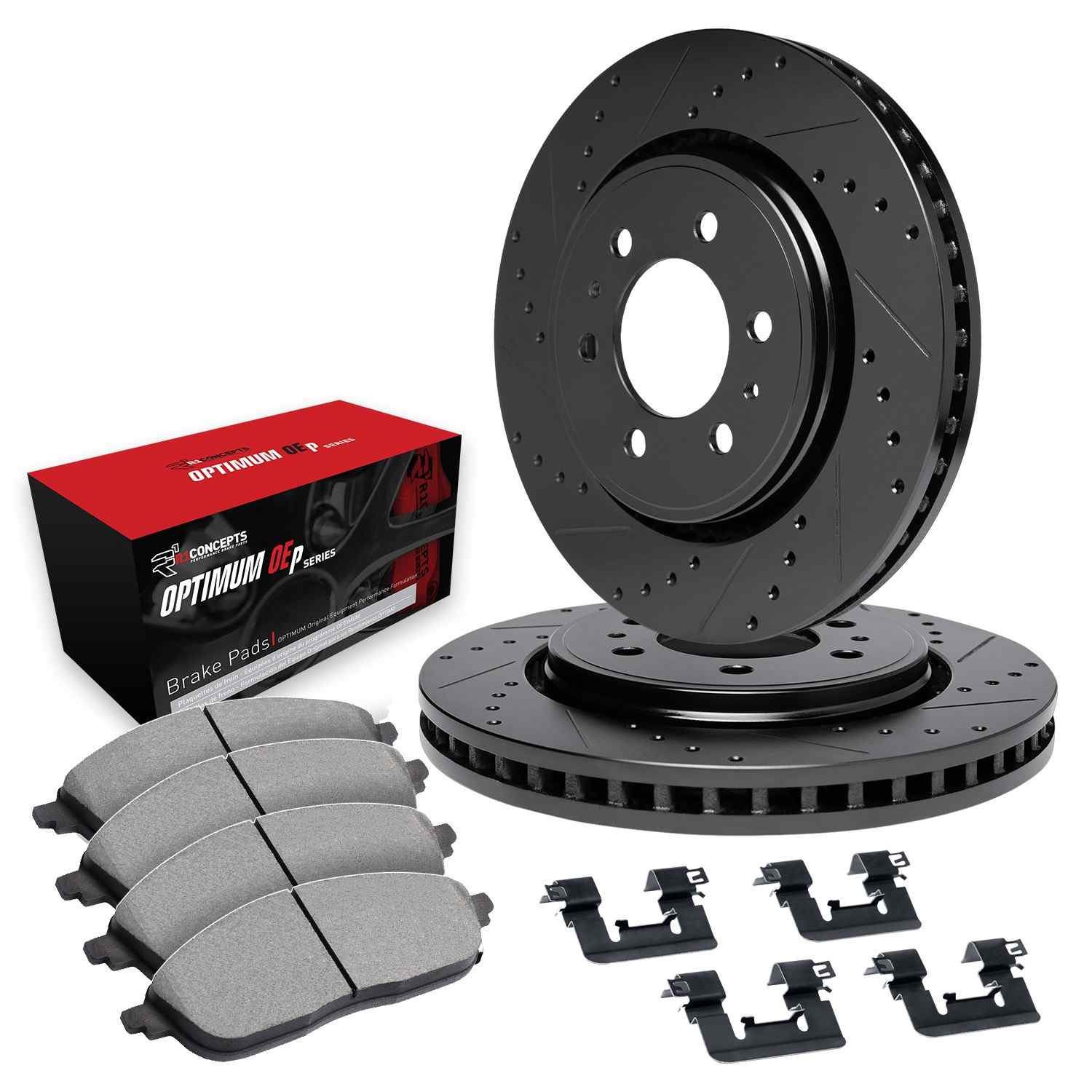 R1 Concepts 07-24 Infiniti QX56 Front Drilled & Slotted Black Brake Rotor Set w/Optimum OE Pads and Hardware - Image 2