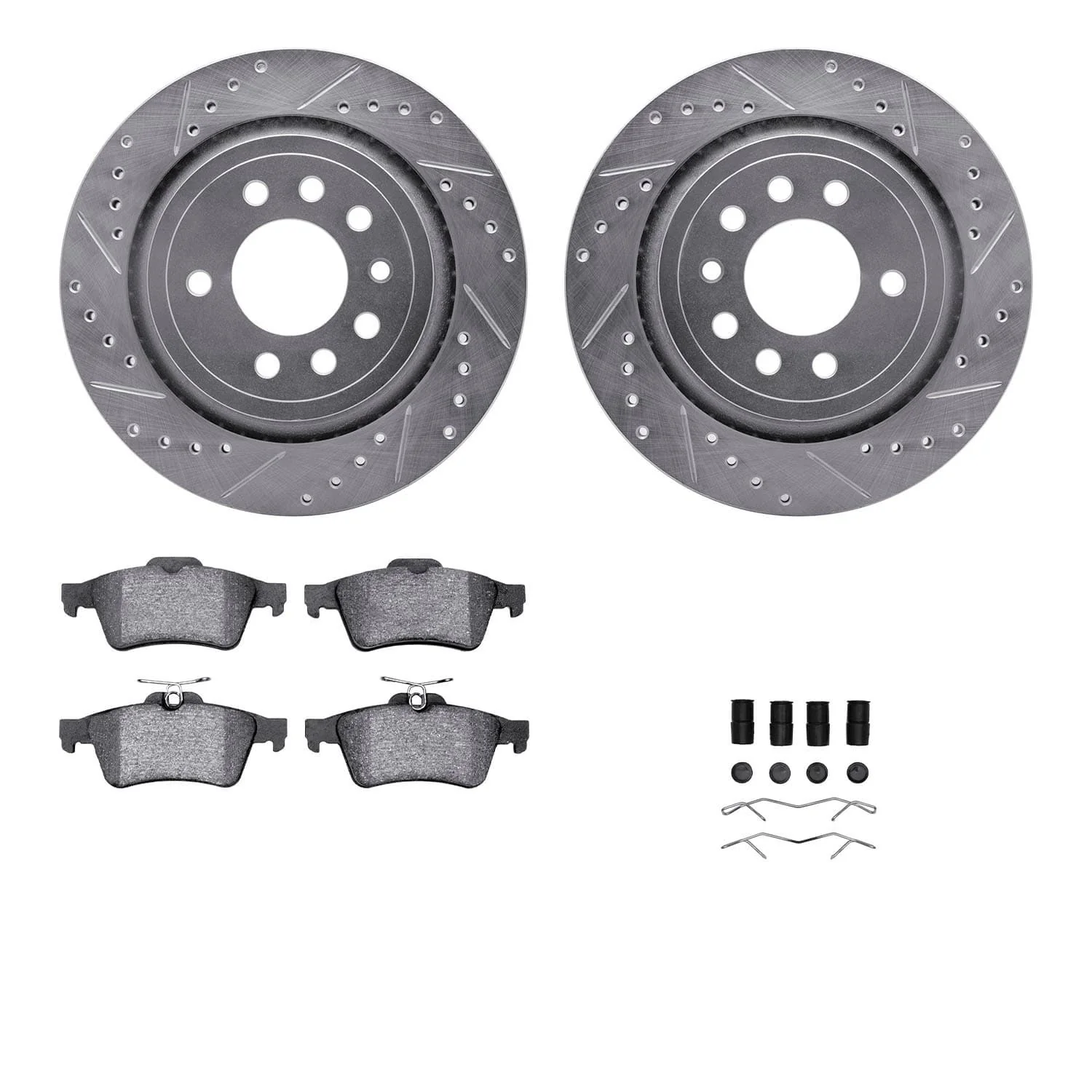 R1 Concepts 08-11 Saab 9-3X Rear Drilled & Slotted Silver Brake Rotor Set w/Ceramic Pads and Hardware