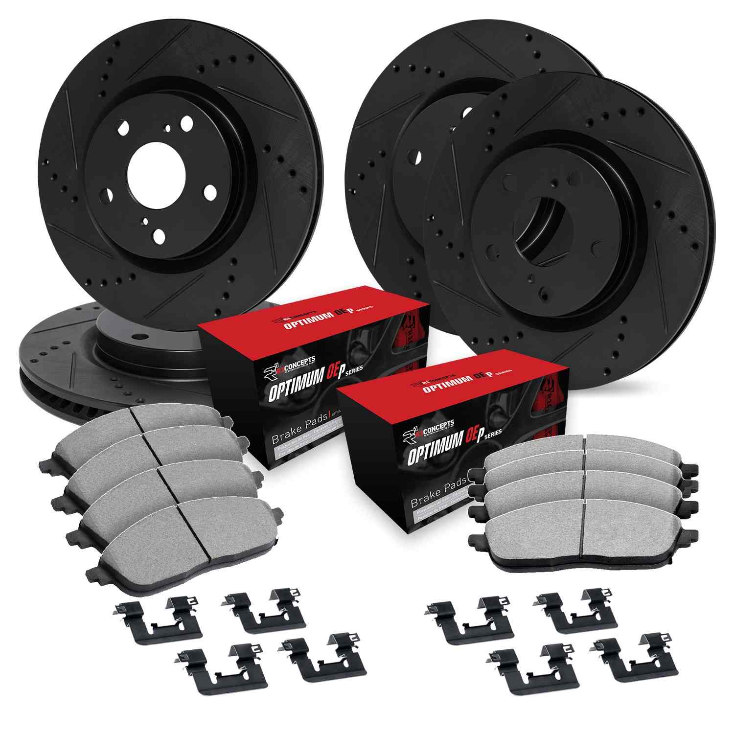 R1 Concepts 08-13 BMW 135i Front & Rear Drill/Slot Black Rotors w/Optimum Pads