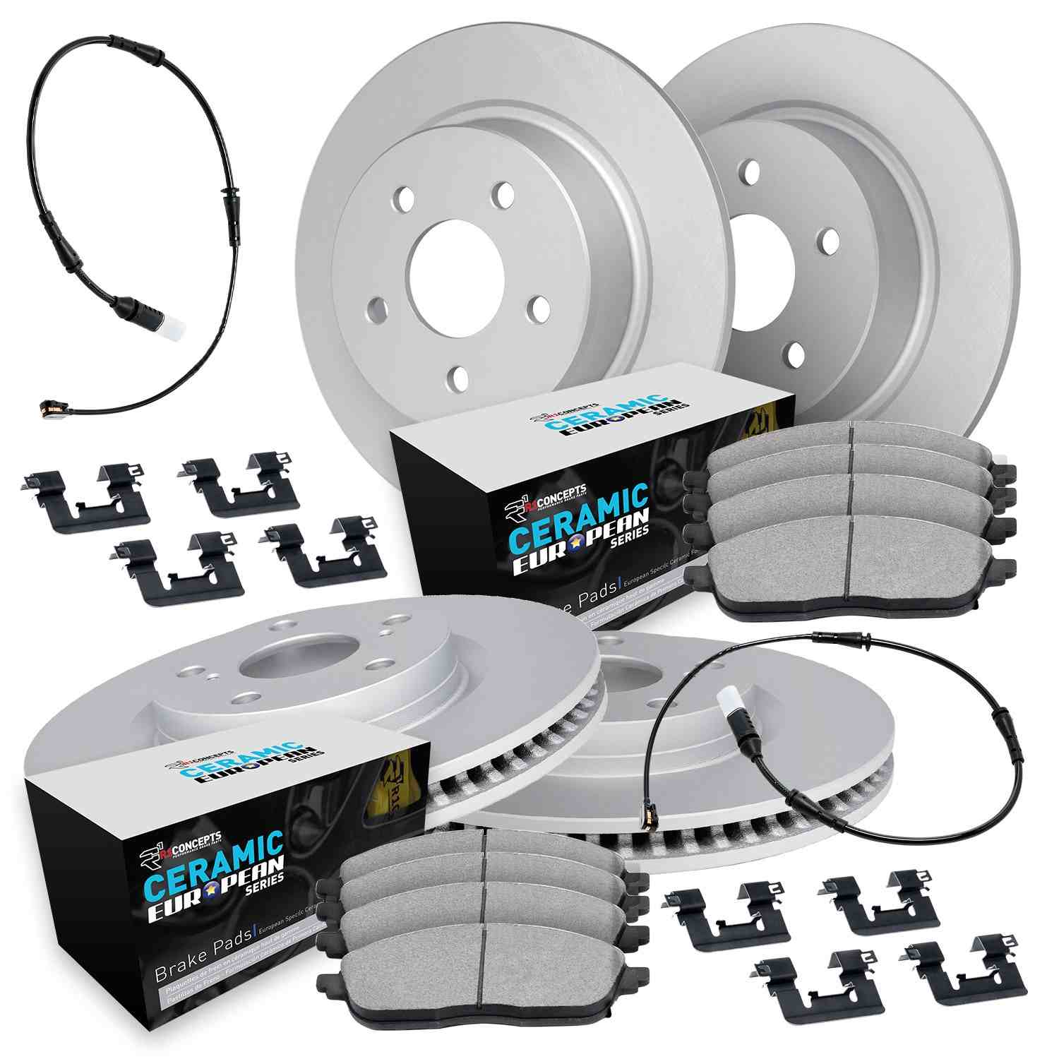 R1 Concepts 08-15 Mercedes-Benz C200 Front & Rear Carbon Coated Brake Rotor Set w/Euro Ceramic Pads
