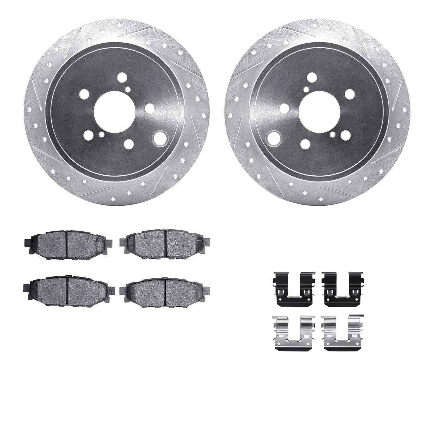R1 Concepts 08-15 Subaru BRZ Rear Drilled & Slotted Silver Brake Rotor Set w/Optimum OE Pads and Hardware