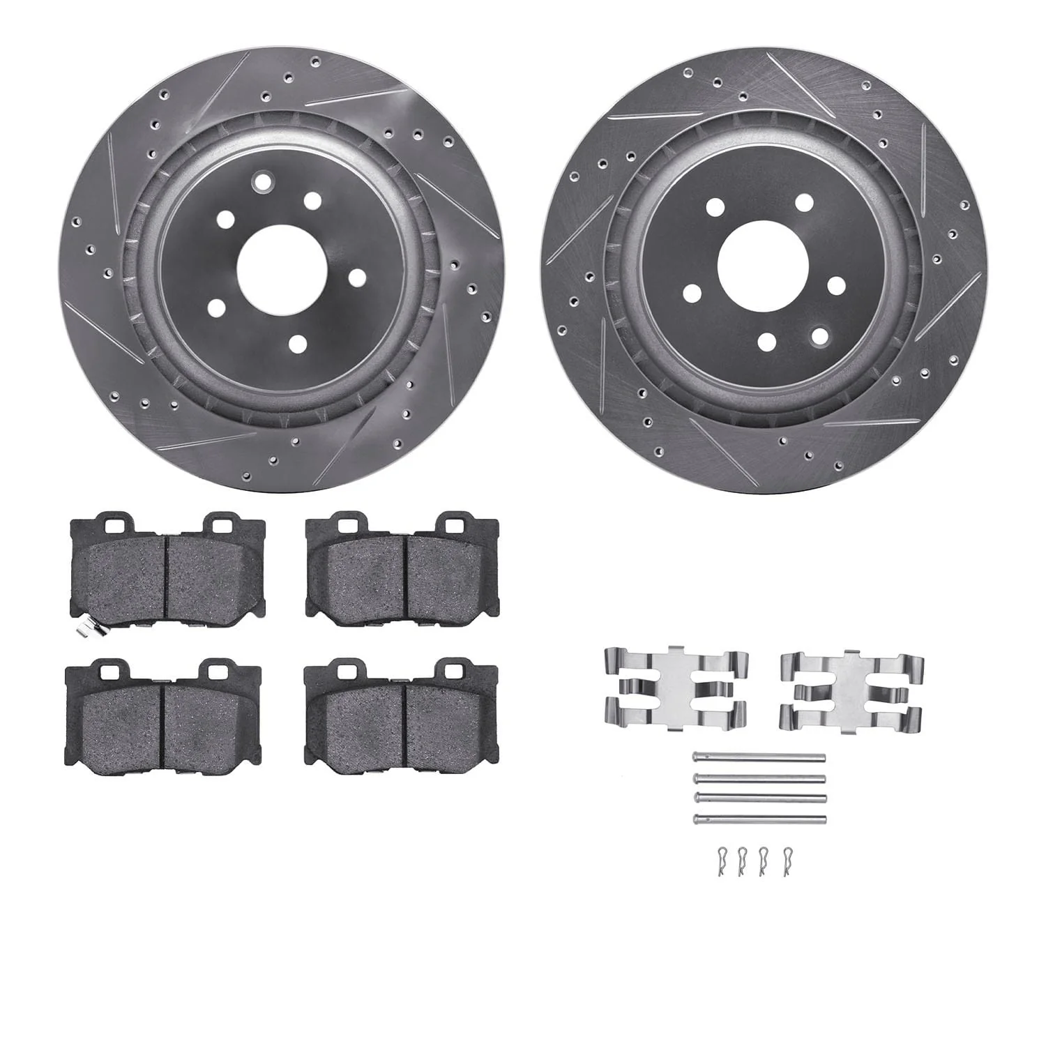 R1 Concepts 08-24 Infiniti G37 Rear Drilled & Slotted Silver Brake Rotor Set w/Ceramic Pads and Hardware