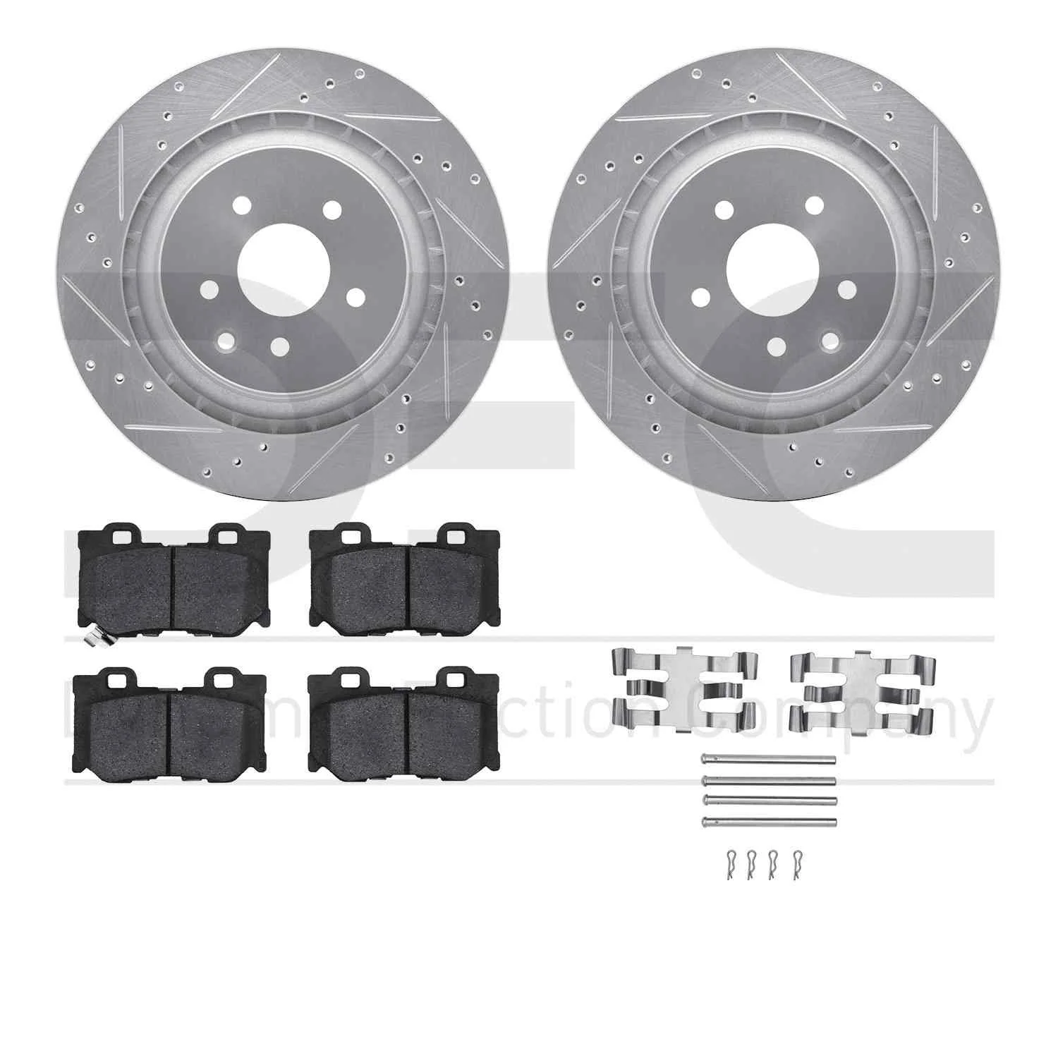 R1 Concepts 08-24 Infiniti Q60 Rear Drilled & Slotted Silver Brake Rotor Set w/Optimum OE Pads and Hardware