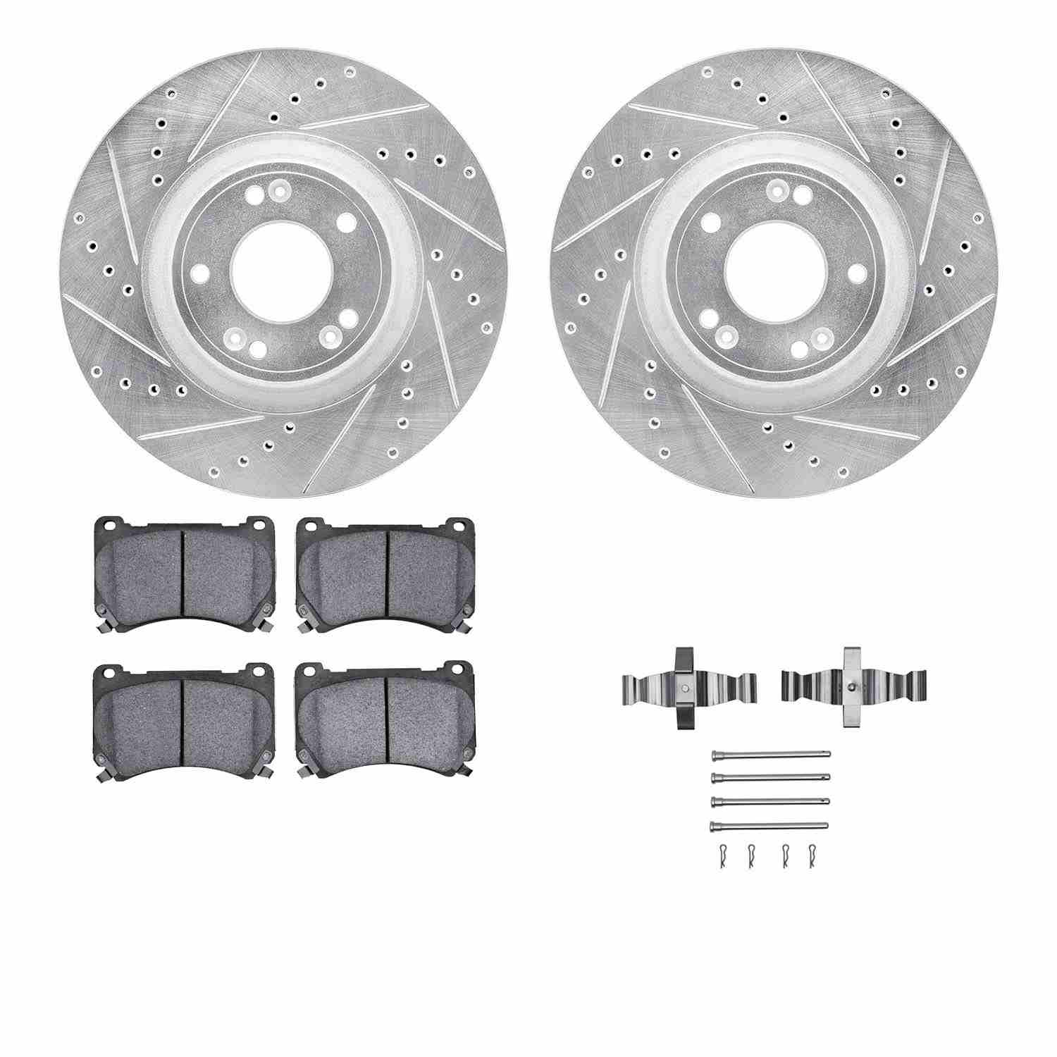 R1 Concepts 09-14 Hyundai Genesis Front Drilled & Slotted Silver Brake Rotor Set w/Ceramic Pads and Hardware