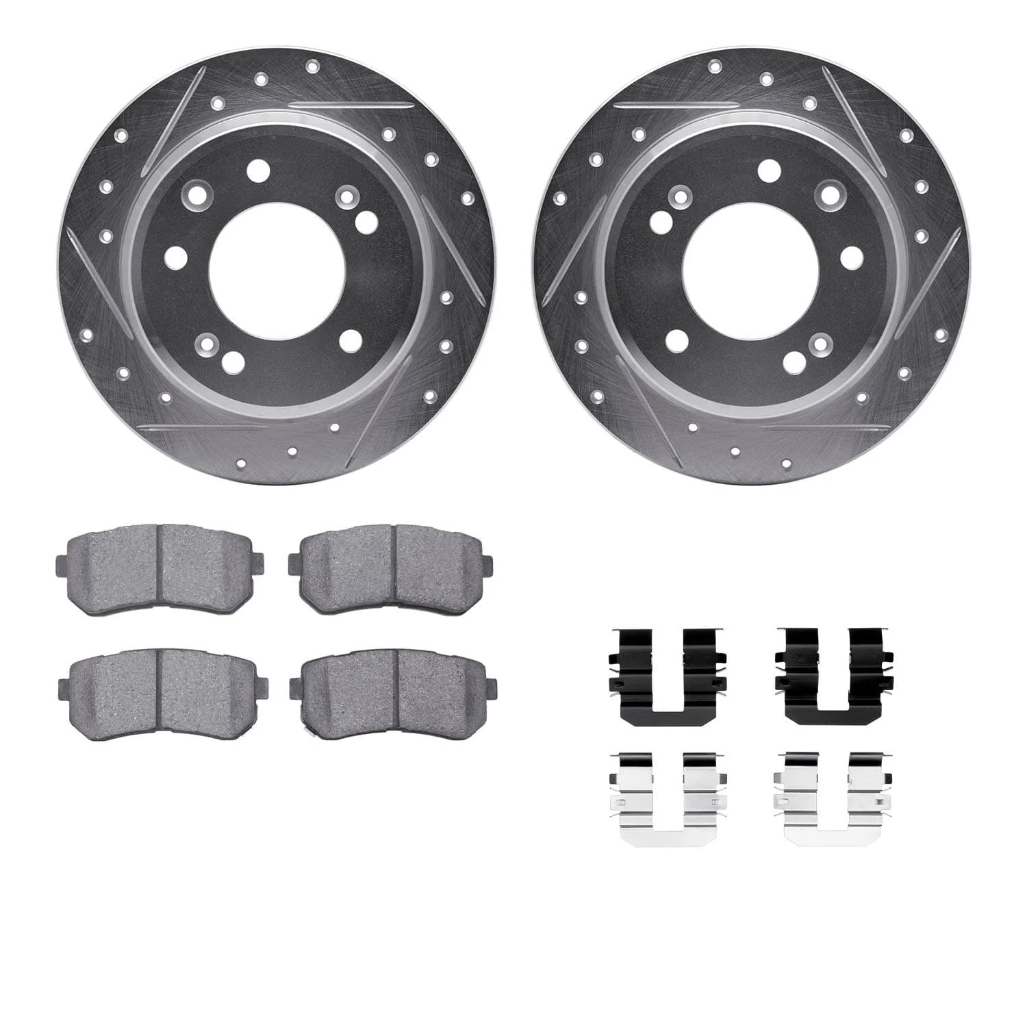 R1 Concepts 09-16 Hyundai Tucson Rear Drilled & Slotted Silver Brake Rotor Set w/Ceramic Pads and Hardware
