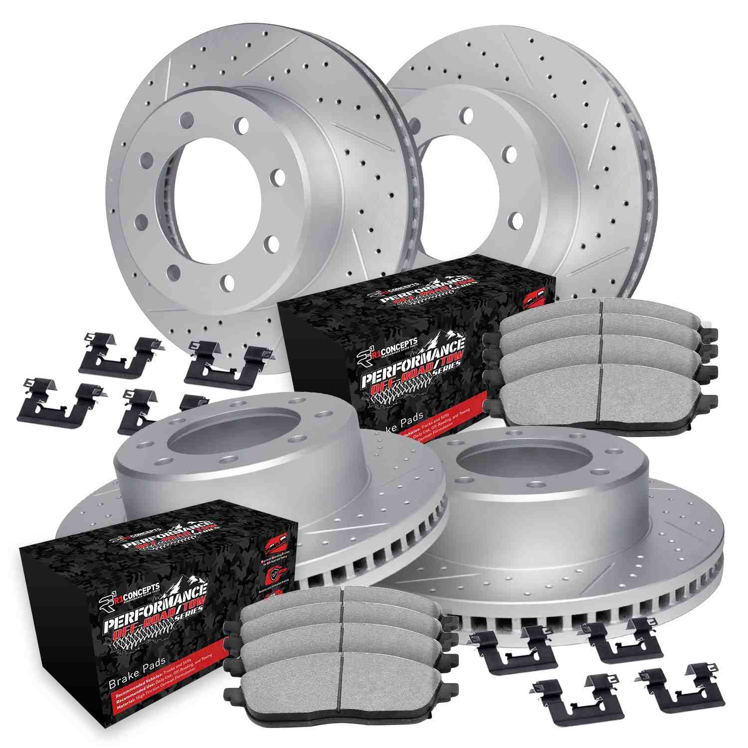 R1 Concepts 09-18 Dodge Ram 2500 Front & Rear Drill/Slot Carbon Coated Rotor Set w/Off-Road/Tow Pads
