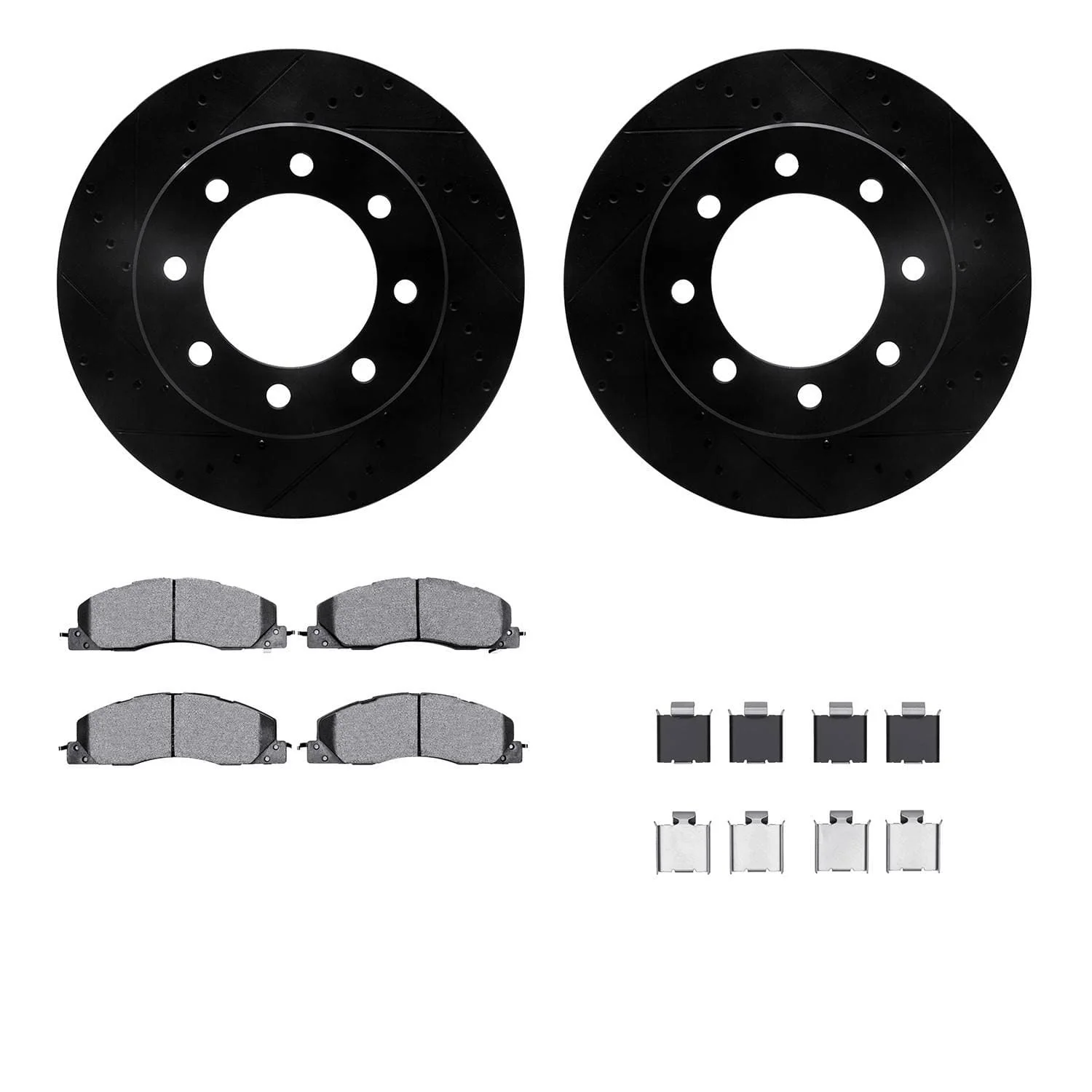 R1 Concepts 09-18 Dodge Ram 3500 Front Drilled & Slotted Black Brake Rotor Set w/Optimum OE Pads and Hardware