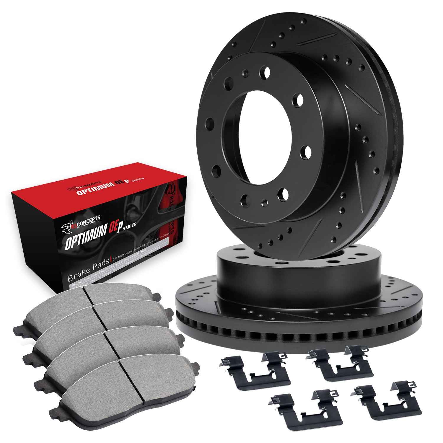 R1 Concepts 09-18 Dodge Ram 3500 Front Drilled & Slotted Black Brake Rotor Set w/Optimum OE Pads and Hardware - Image 2