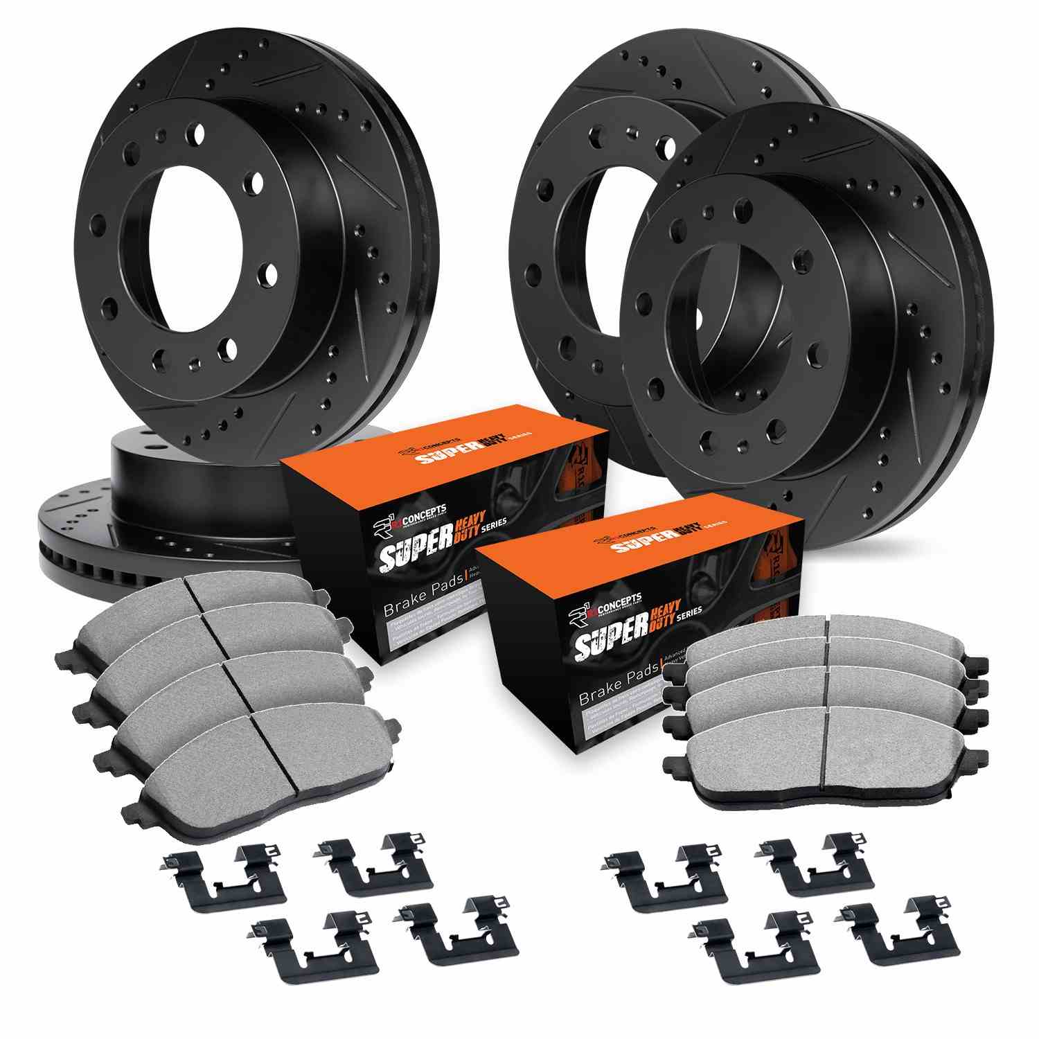 R1 Concepts 09-18 Dodge Ram 3500 Front & Rear Drill/Slot Black Rotors w/Super Duty Pads