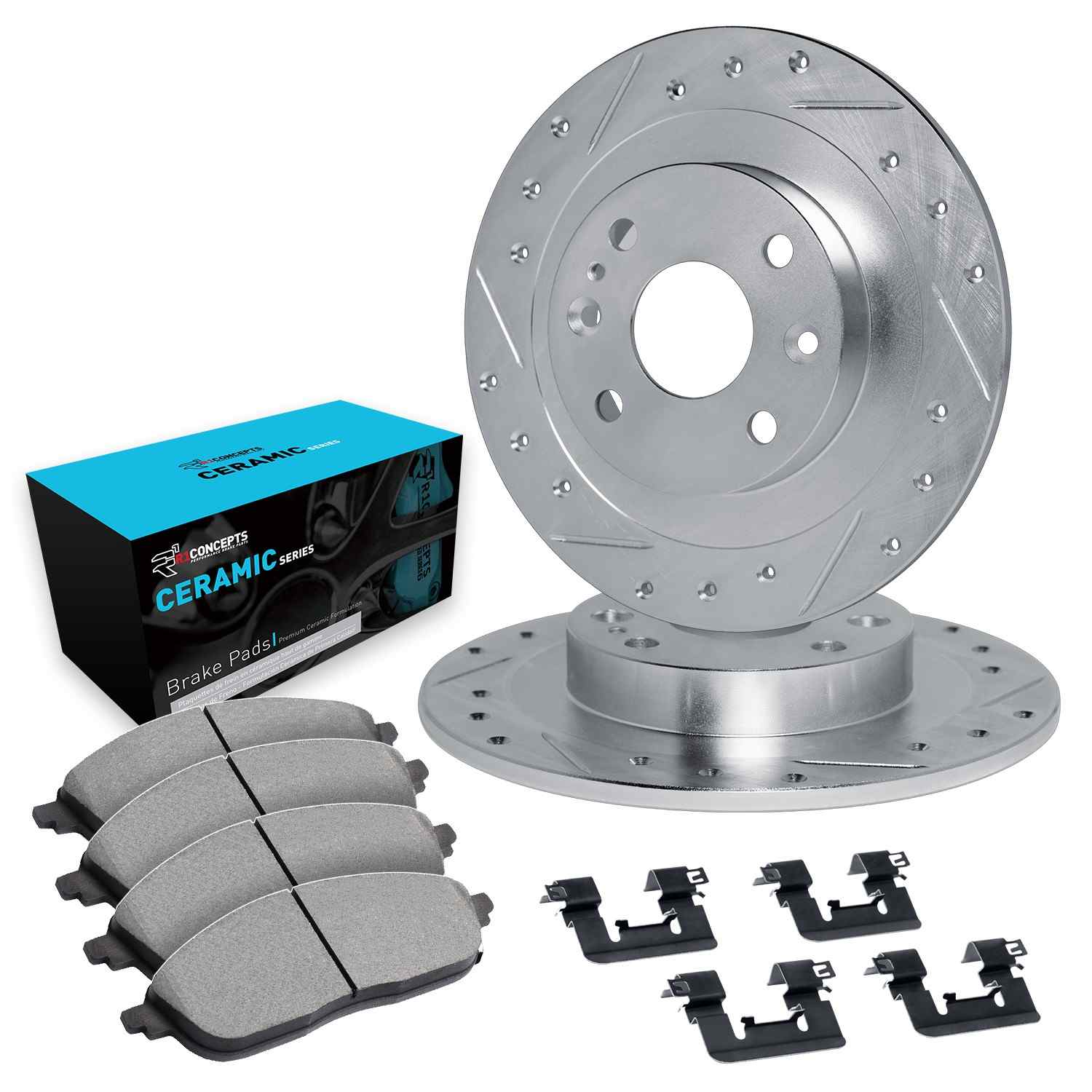 R1 Concepts 09-19 Fiat 500 Rear Drilled & Slotted Silver Brake Rotor Set w/Ceramic Pads and Hardware - Image 2
