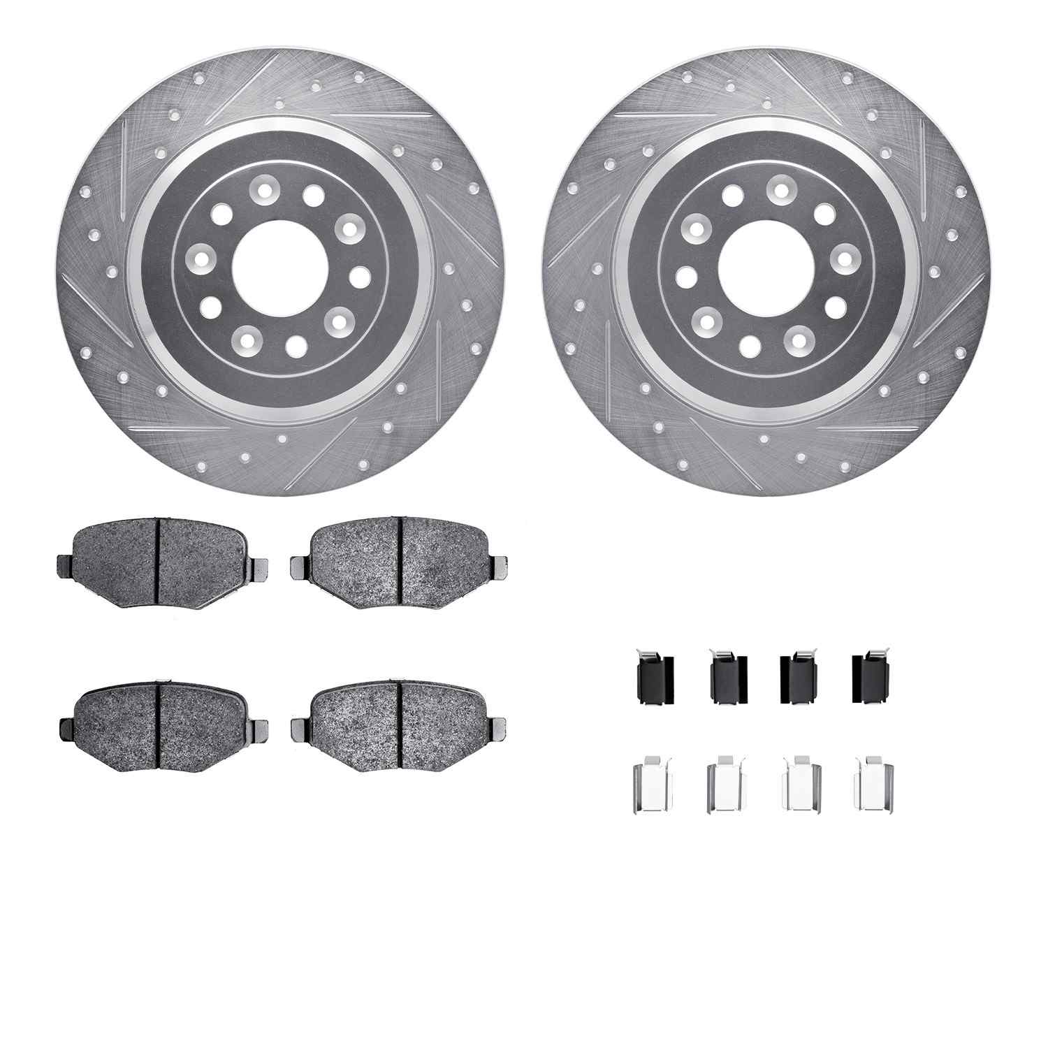 R1 Concepts 09-19 Ford Taurus Rear Drilled & Slotted Silver Brake Rotor Set w/Optimum OE Pads and Hardware
