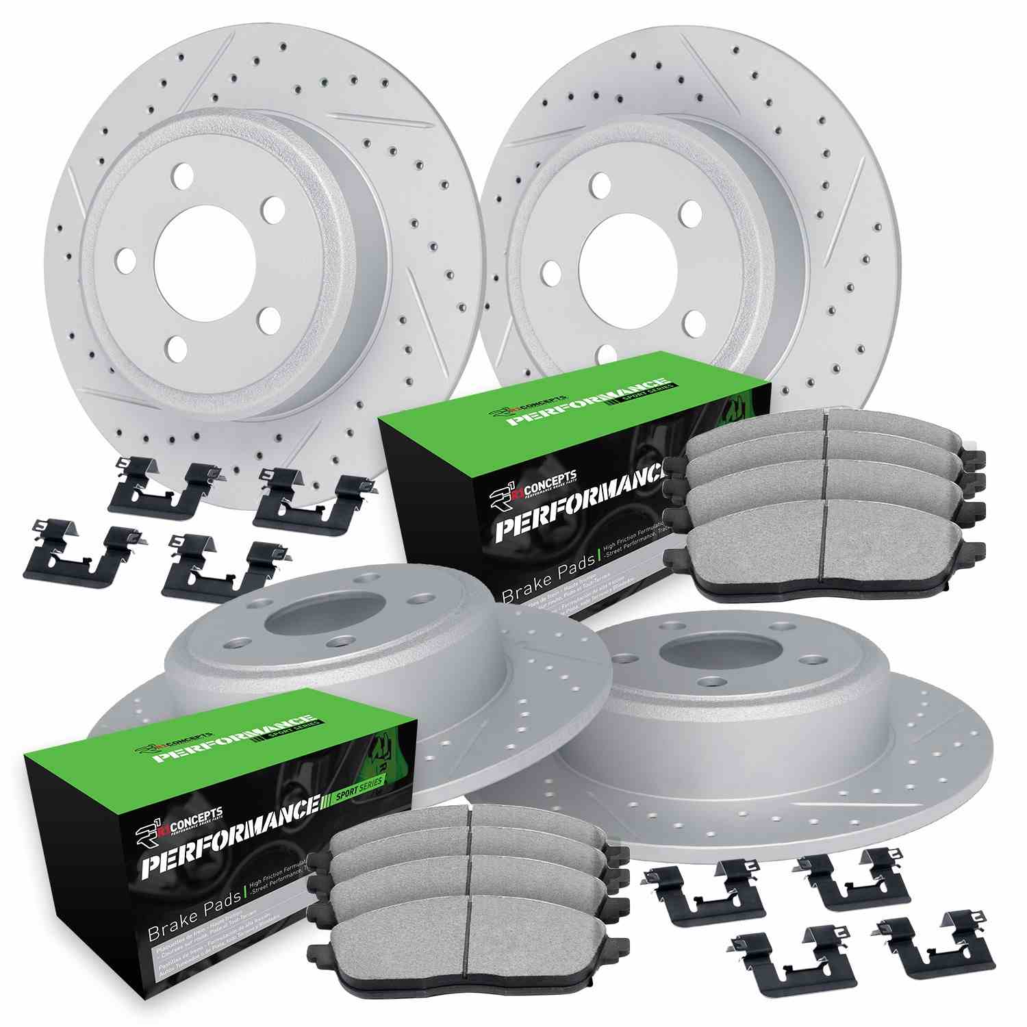 R1 Concepts 09-24 Infiniti M37 Front & Rear Drill/Slot Carbon Coated Rotor Set w/Perf Sport Pads