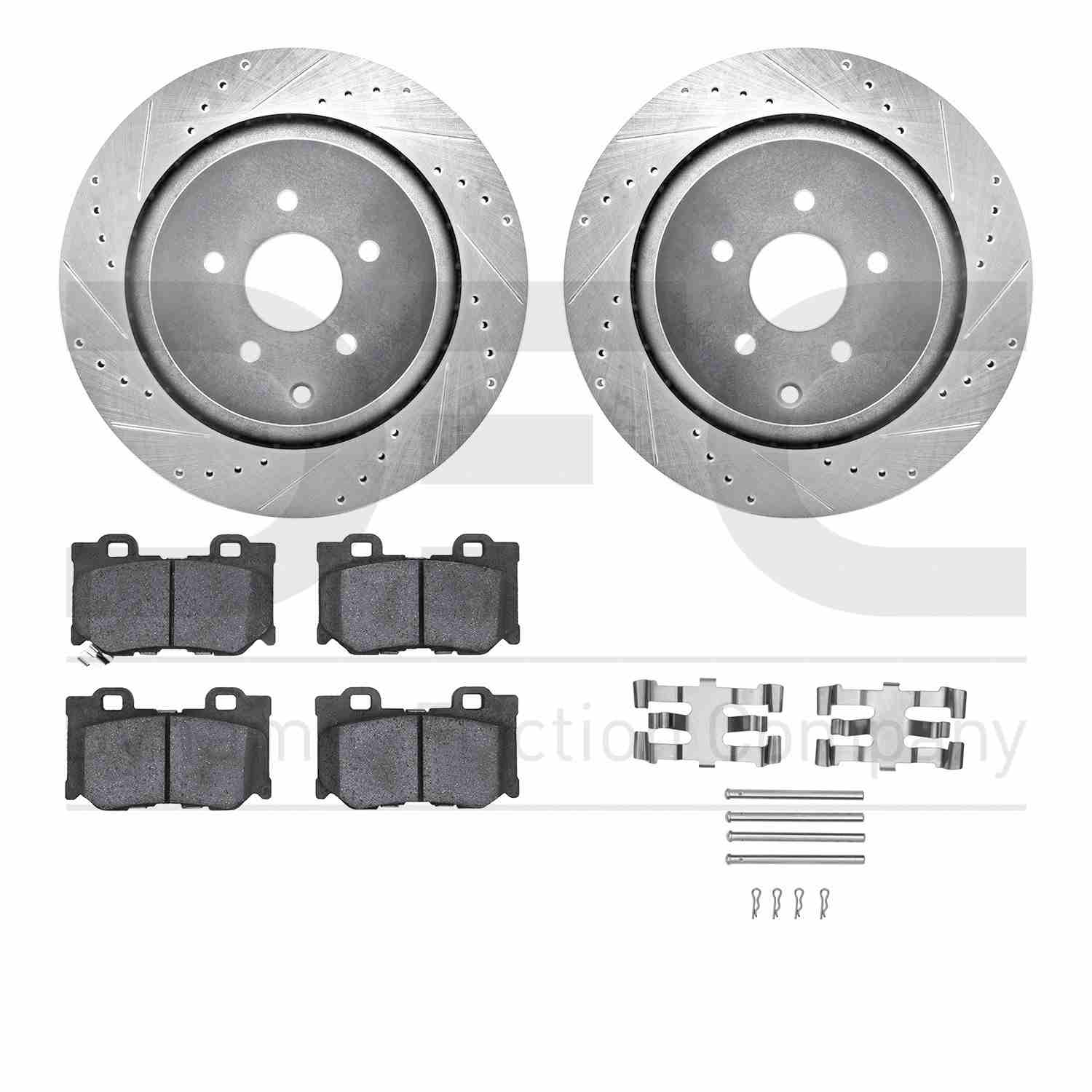 R1 Concepts 09-24 Infiniti Q60 Rear Drilled & Slotted Silver Brake Rotor Set w/Optimum OE Pads and Hardware
