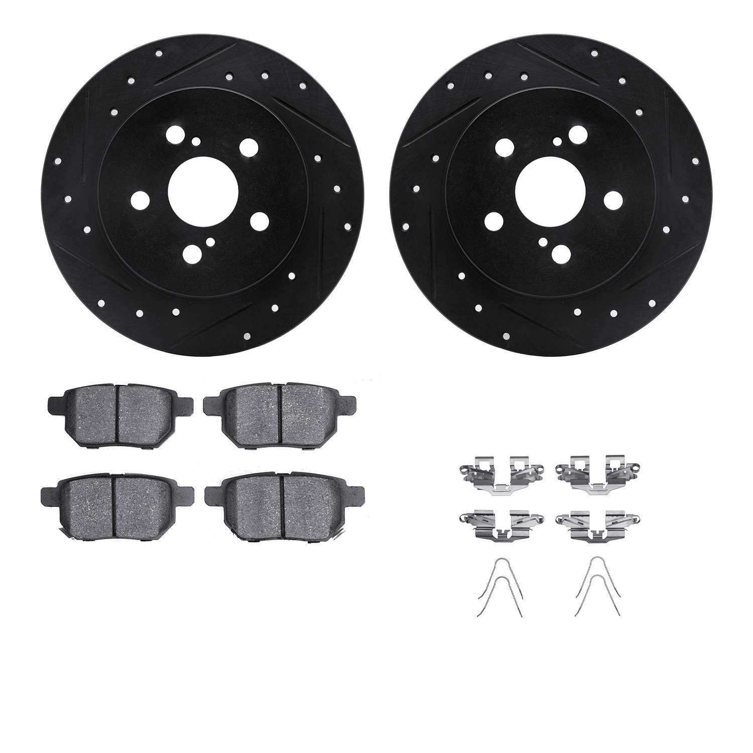 R1 Concepts 09-24 Lexus CT200h Rear Drilled & Slotted Black Brake Rotor Set w/Ceramic Pads and Hardware