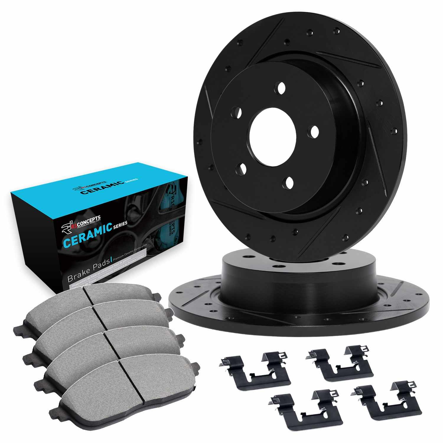 R1 Concepts 09-24 Lexus CT200h Rear Drilled & Slotted Black Brake Rotor Set w/Ceramic Pads and Hardware - Image 2