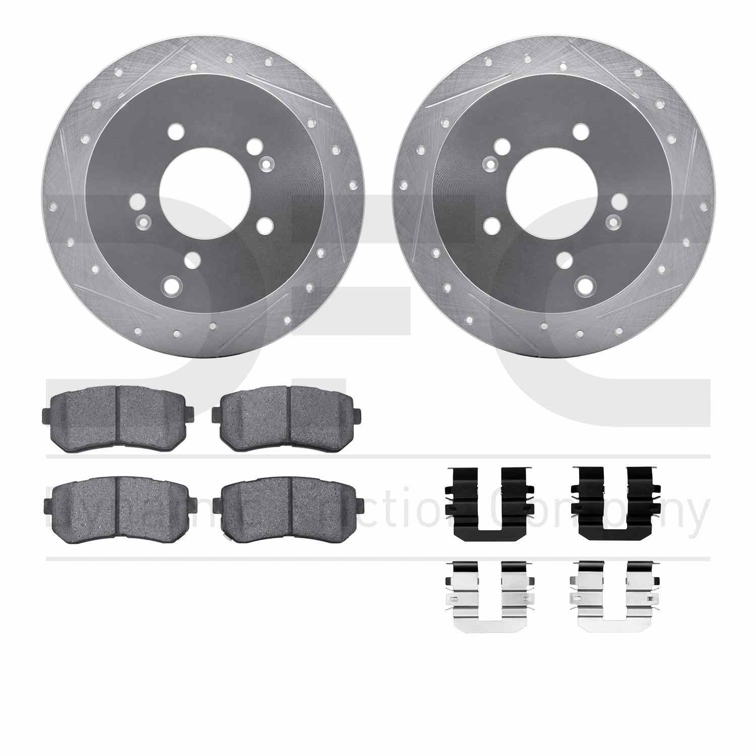 R1 Concepts 10-16 Hyundai Tucson Rear Drilled & Slotted Silver Brake Rotor Set w/Optimum OE Pads and Hardware