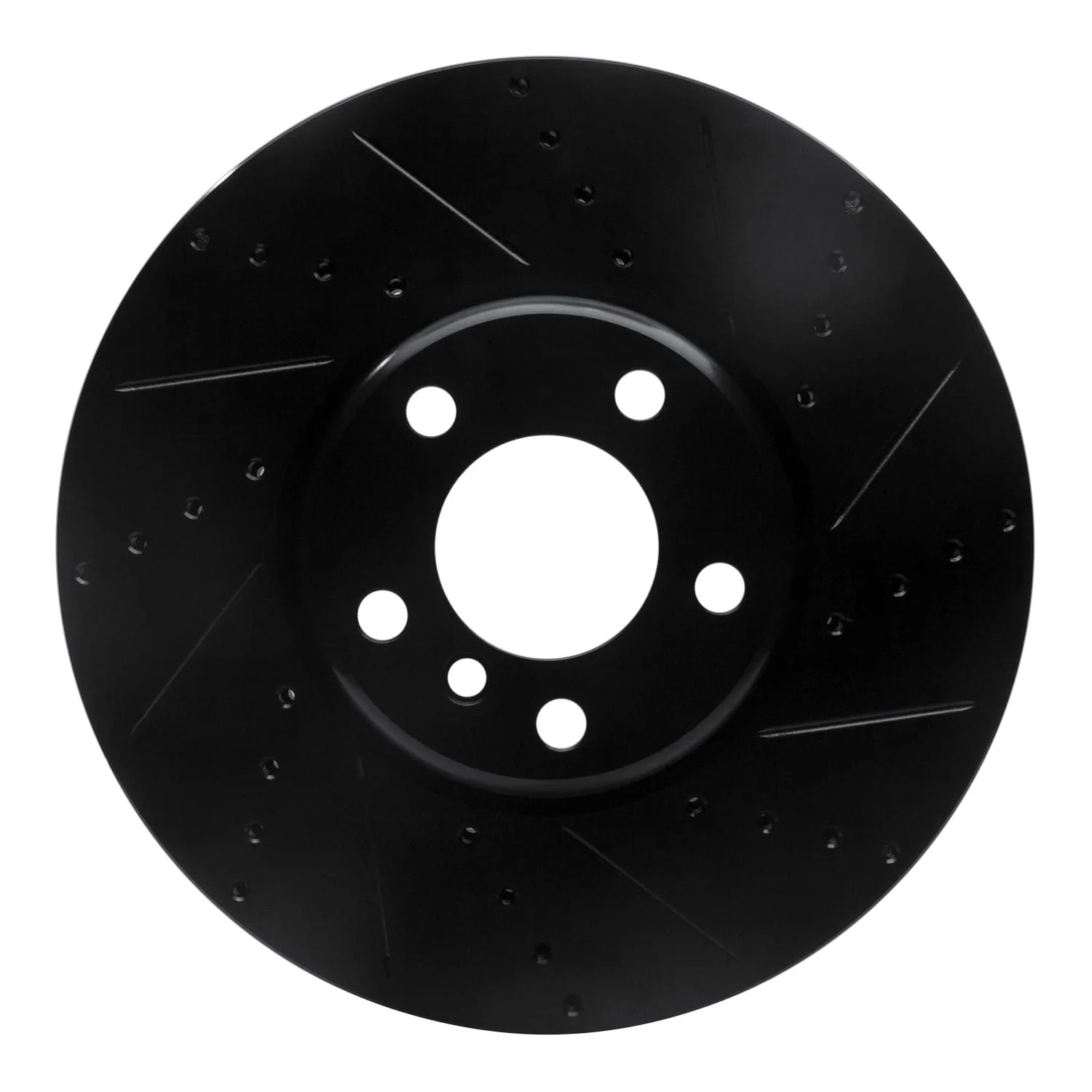 R1 Concepts 10-18 BMW 550I Left Front Drilled & Slotted Black Brake Rotor