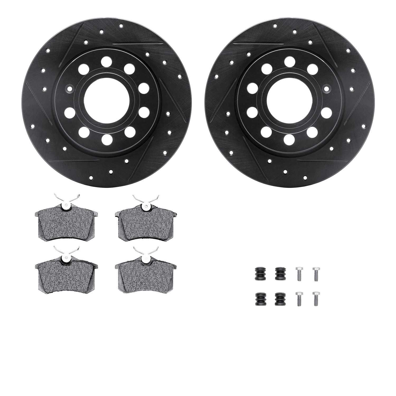 R1 Concepts 10-19 Audi A3 Rear Drilled & Slotted Black Brake Rotor Set w/Ceramic Pads and Hardware