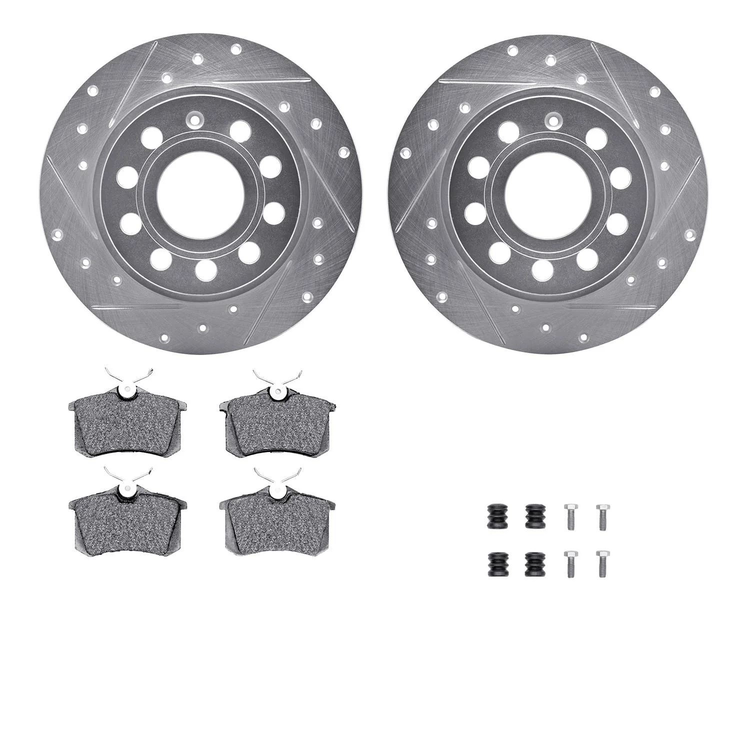R1 Concepts 10-19 Audi A3 Rear Drilled & Slotted Silver Brake Rotor Set w/Euro Ceramic Pads and Hardware