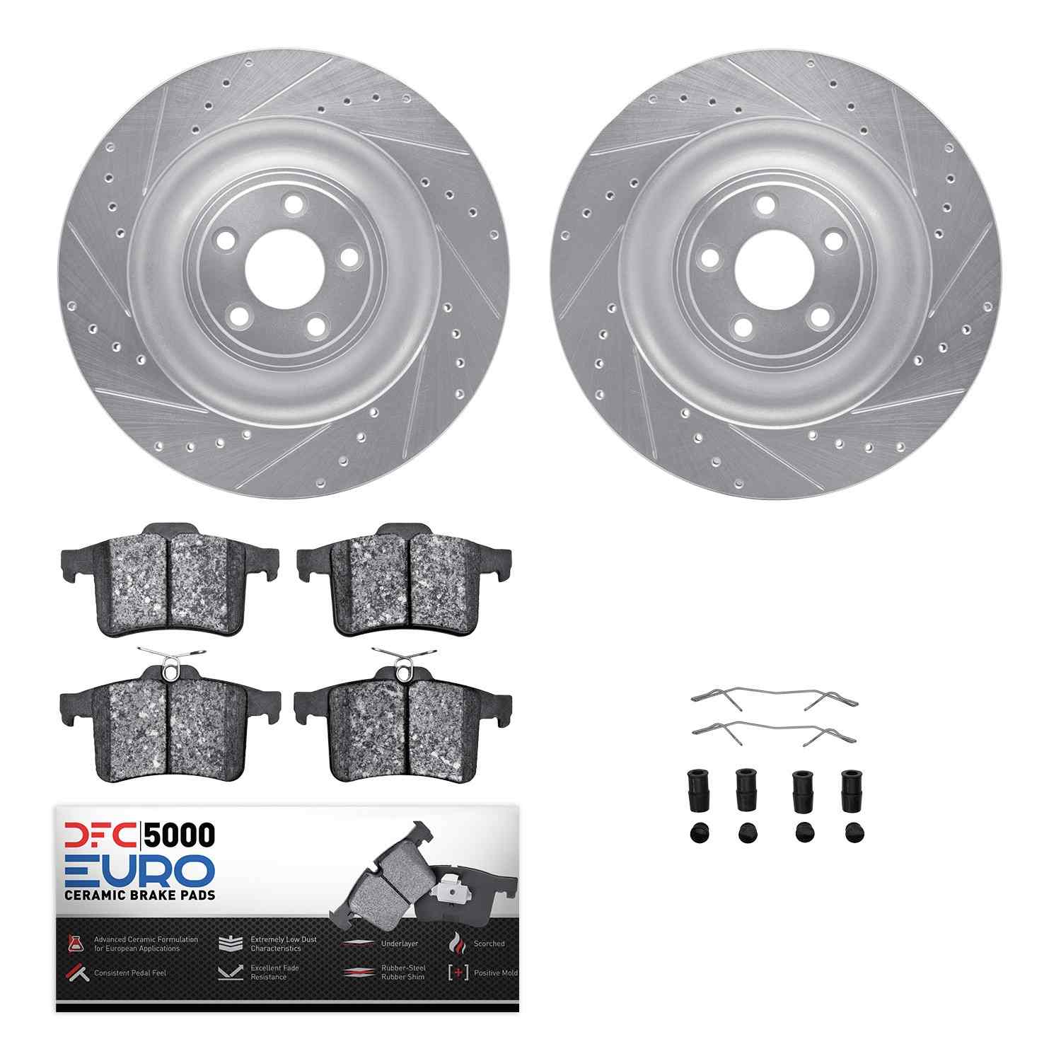 R1 Concepts 10-19 Jaguar XKR-S Rear Drilled & Slotted Silver Brake Rotor Set w/Euro Ceramic Pads and Hardware