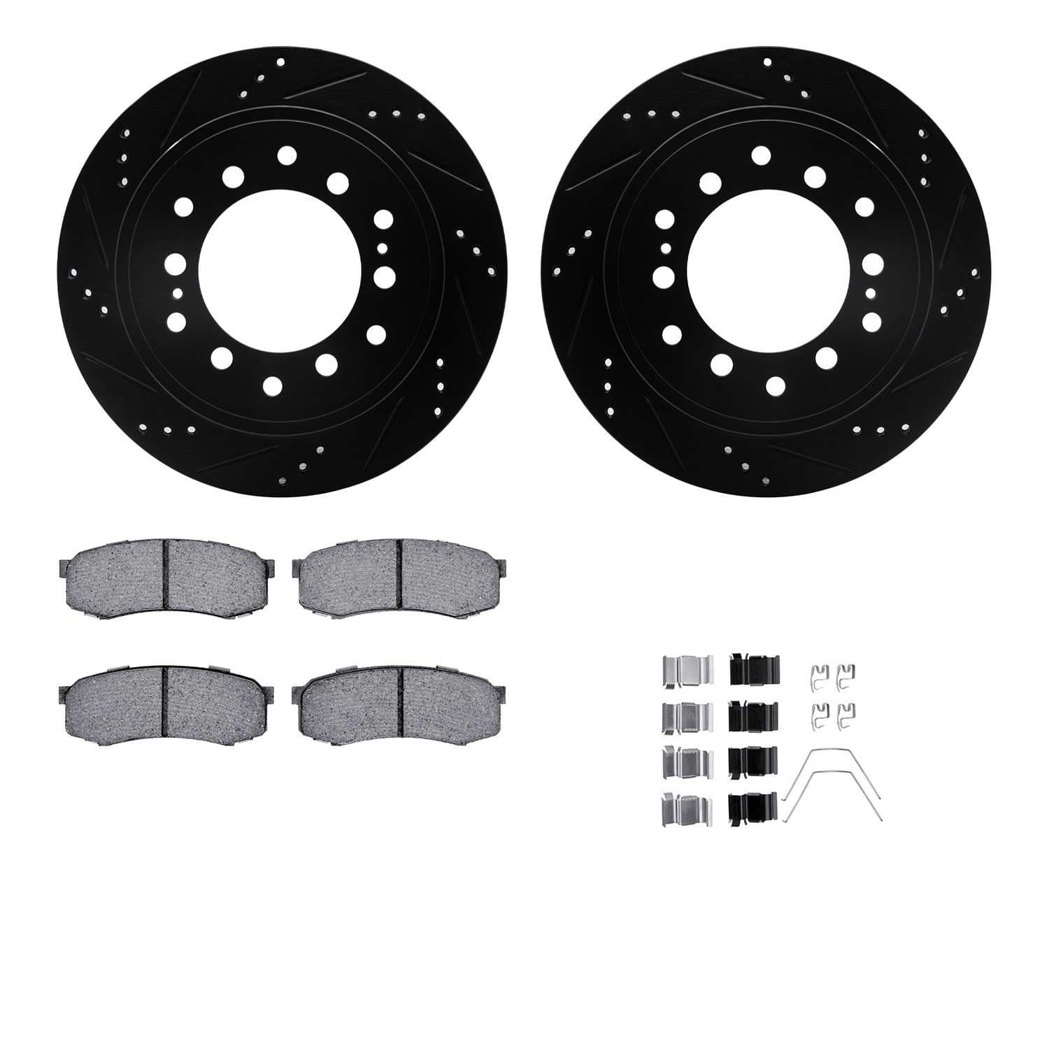 R1 Concepts 10-24 Lexus GX460 Rear Drilled & Slotted Black Brake Rotor Set w/Optimum OE Pads and Hardware