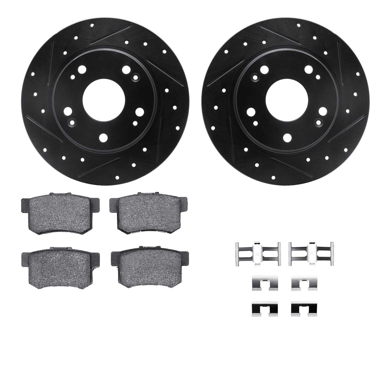 R1 Concepts 11-15 Honda CR-Z Rear Drilled & Slotted Black Brake Rotor Set w/Optimum OE Pads and Hardware