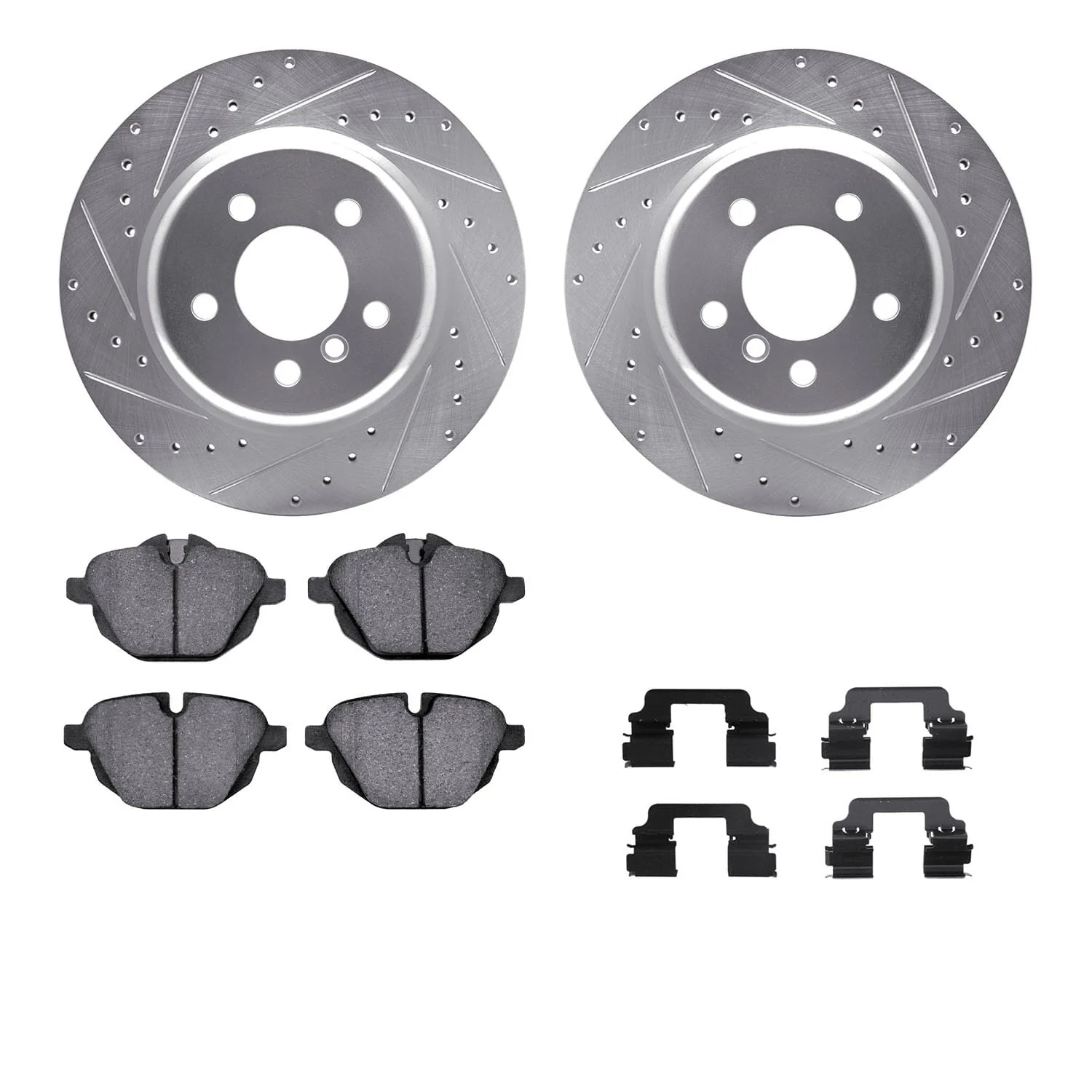 R1 Concepts 11-16 BMW 528i xDrive Rear Drilled & Slotted Silver Brake Rotor Set w/Ceramic Pads and Hardware