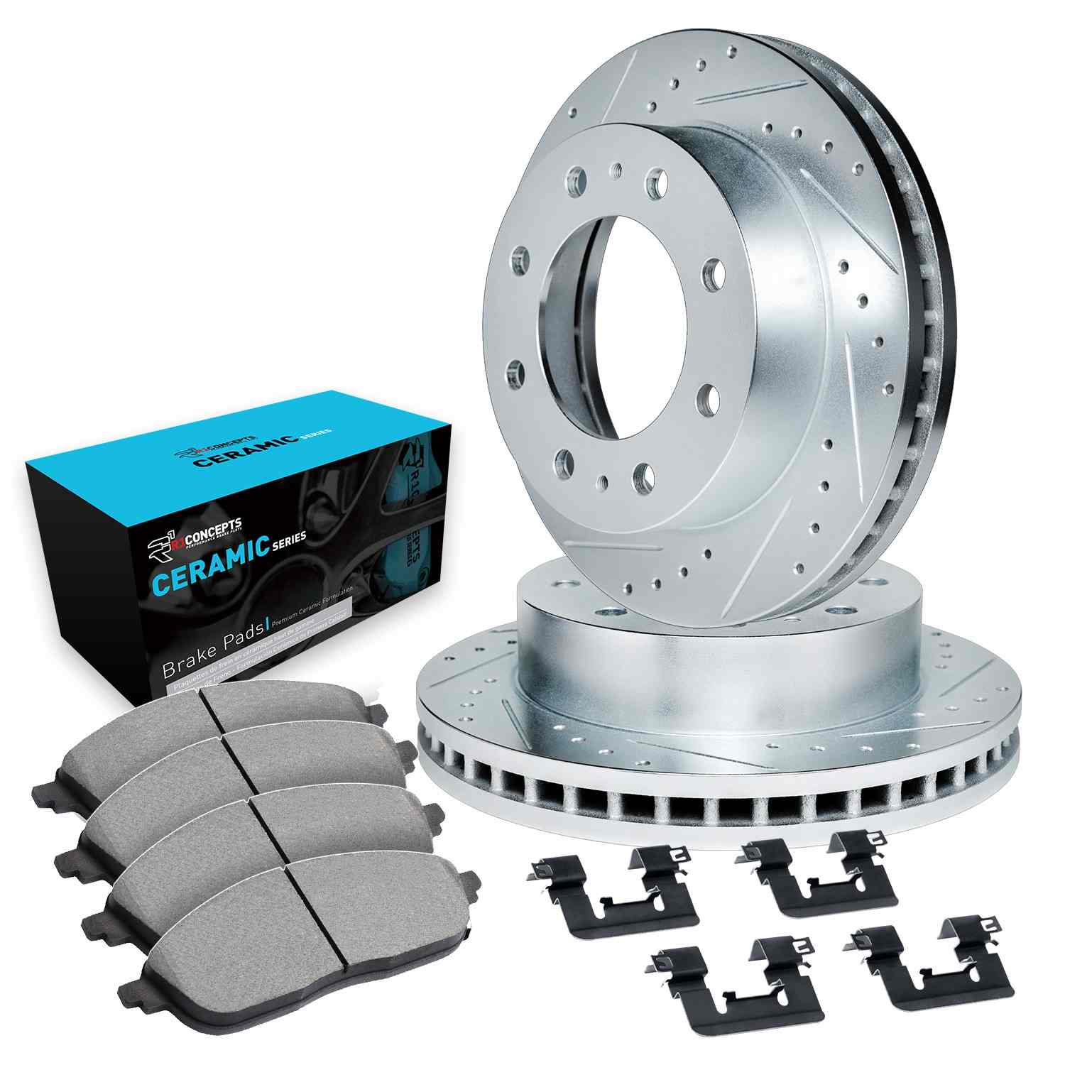 R1 Concepts 11-19 Chevrolet Suburban 3500 HD Rear Drill/Slot Silver Rotors w/Ceramic Pads - Image 2