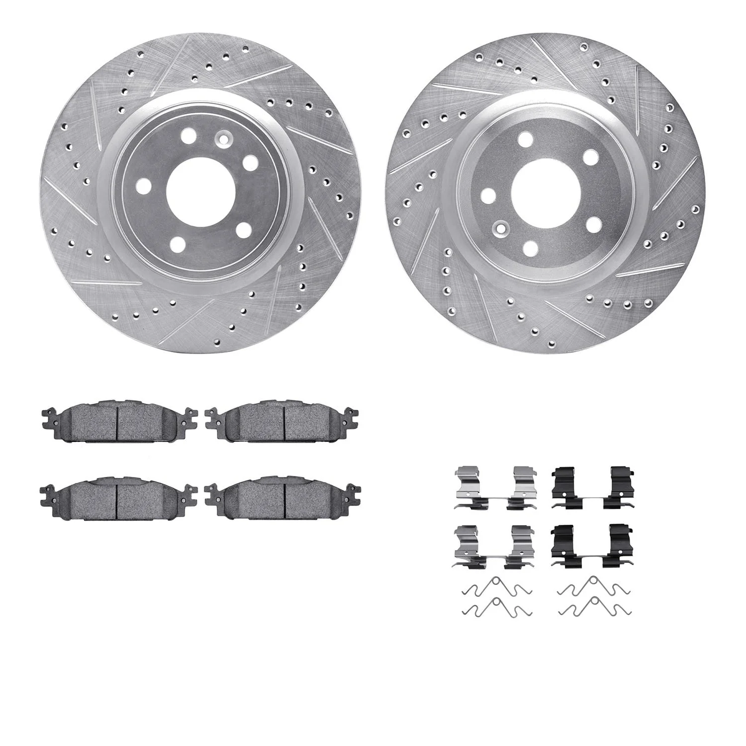 R1 Concepts 11-19 Ford Explorer Front Drilled & Slotted Silver Brake Rotor Set w/Optimum OE Pads and Hardware