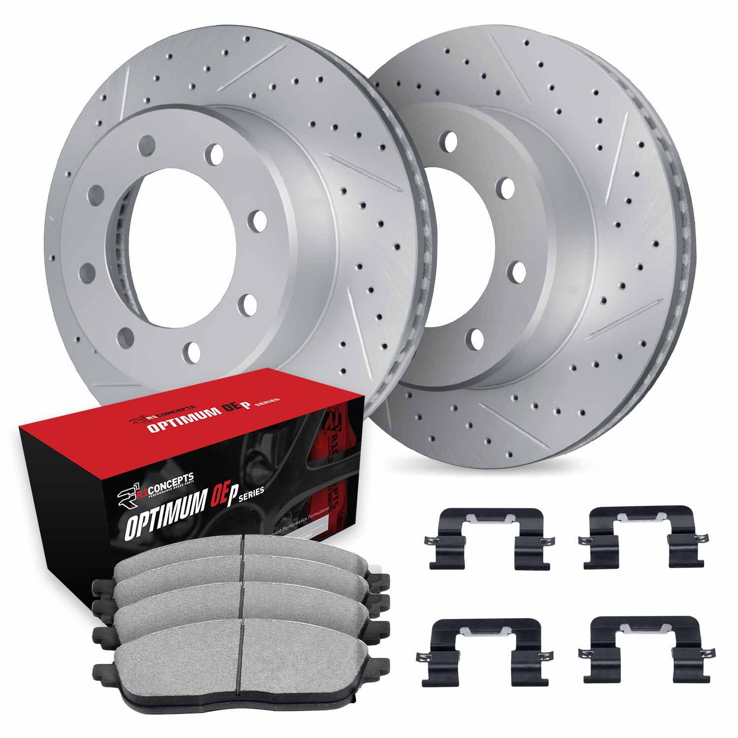 R1 Concepts 11-22 Ford F-350 Super Duty Rear Drill/Slot Carbon Coated Rotor Set w/Optimum Pads