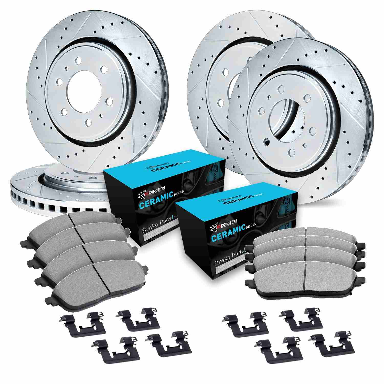 R1 Concepts 11-24 Infiniti QX80 Front & Rear Drill/Slot Silver Rotors w/Ceramic Pads