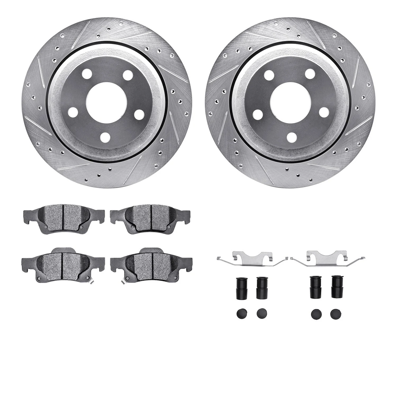 R1 Concepts 11-25 Dodge Durango Rear Drilled & Slotted Silver Brake Rotor Set w/Optimum OE Pads and Hardware