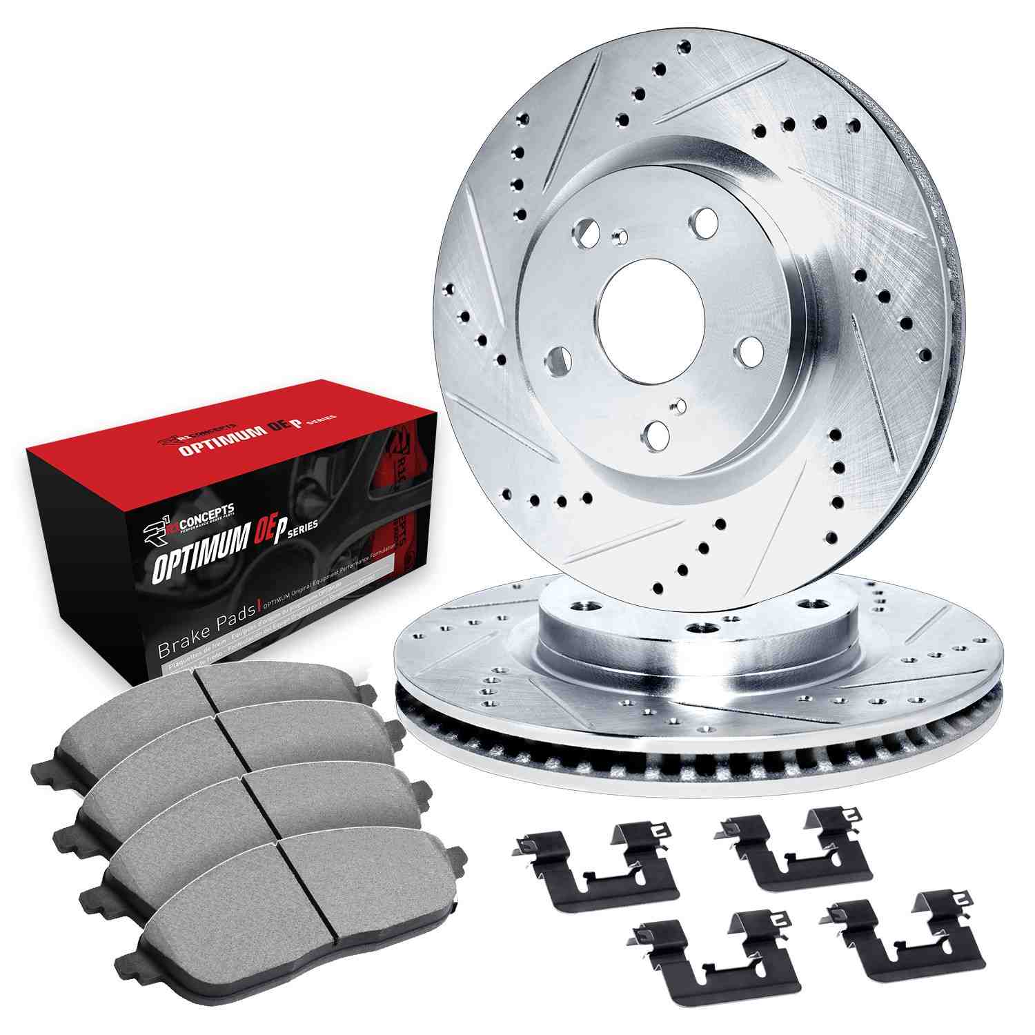 R1 Concepts 12-18 Ford Focus Front Drilled & Slotted Silver Brake Rotor Set w/Optimum OE Pads and Hardware - Image 2