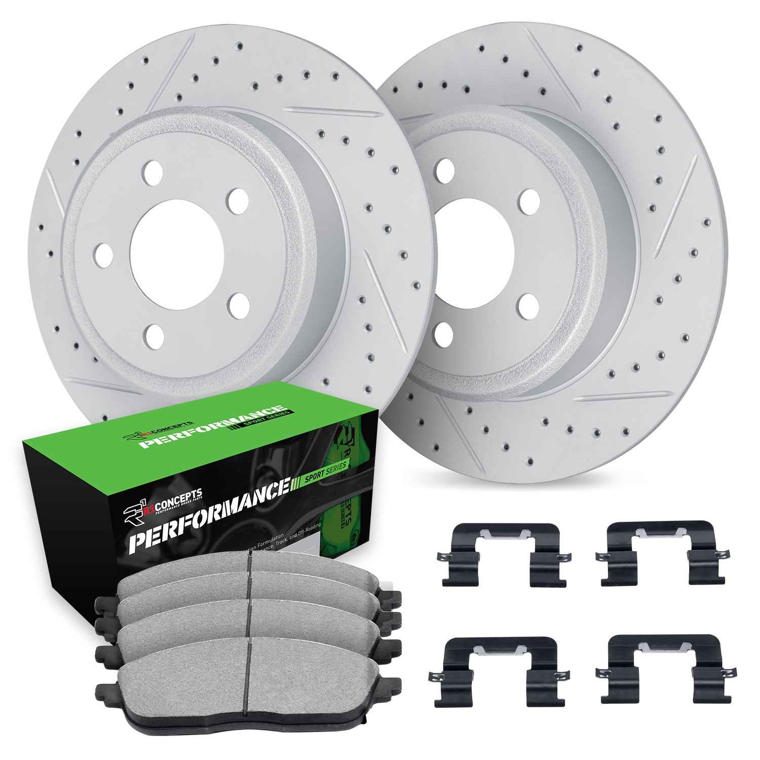 R1 Concepts 12-18 Ford Focus Rear Drill/Slot Carbon Coated Rotor Set w/Perf Sport Pads