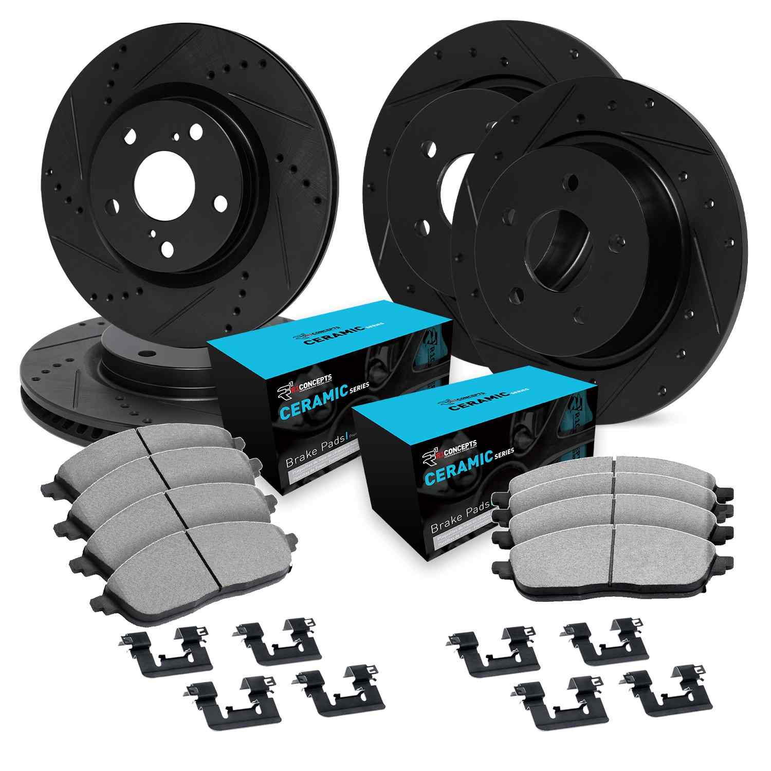 R1 Concepts 12-18 Jeep Wrangler JK Front & Rear Drill/Slot Black Rotors w/Ceramic Pads