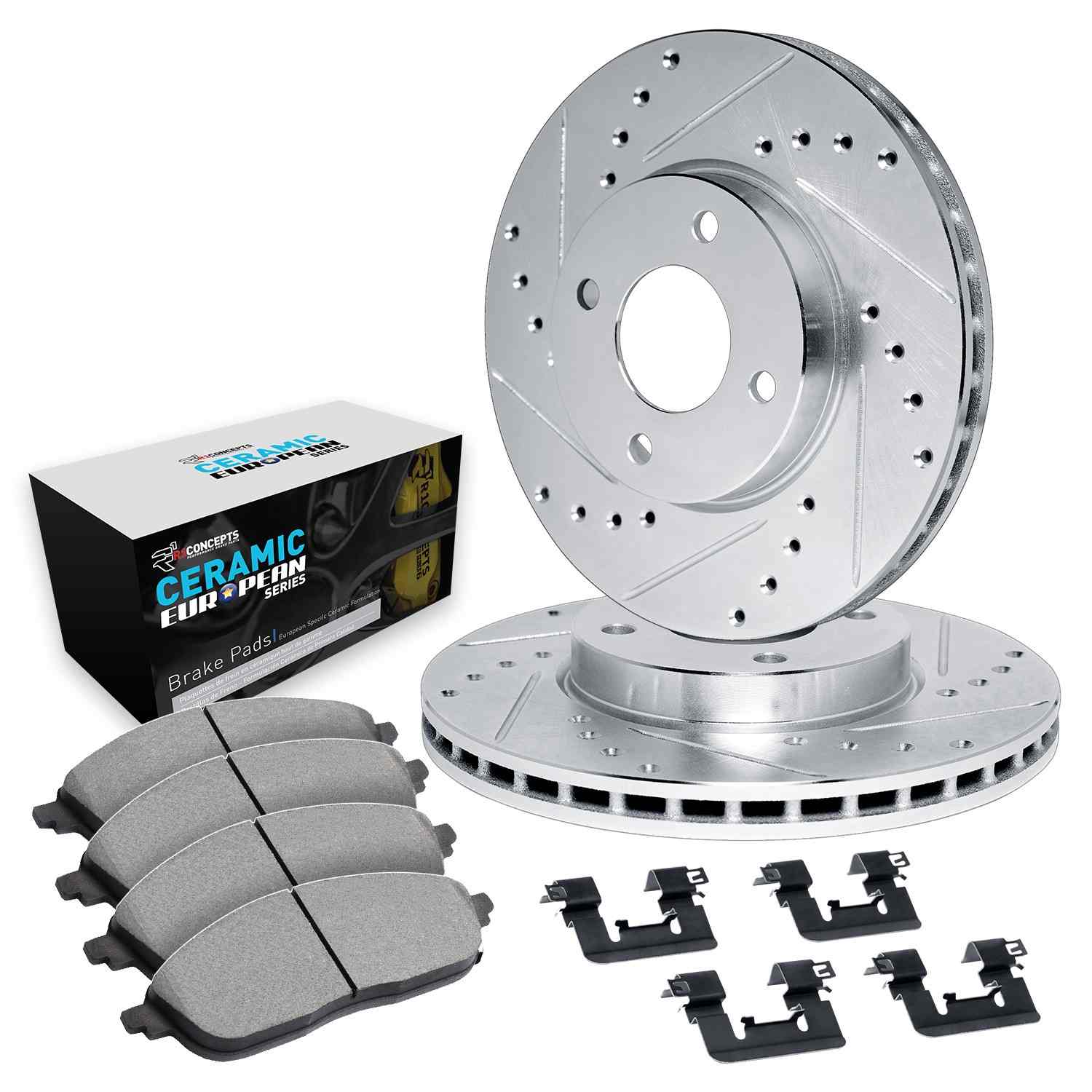 R1 Concepts 12-19 Fiat 500 Front Drilled & Slotted Silver Brake Rotor Set w/Euro Ceramic Pads and Hardware - Image 2