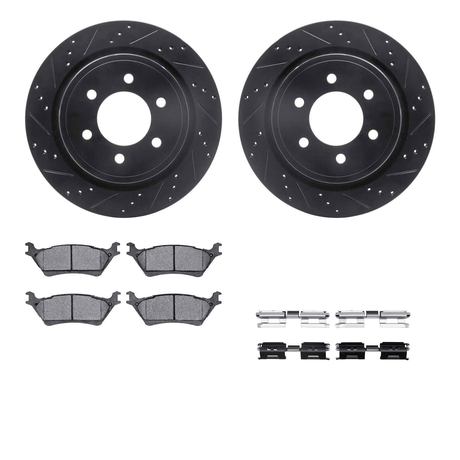 R1 Concepts 12-20 Ford F-150 Rear Drilled & Slotted Black Brake Rotor Set w/Optimum OE Pads and Hardware