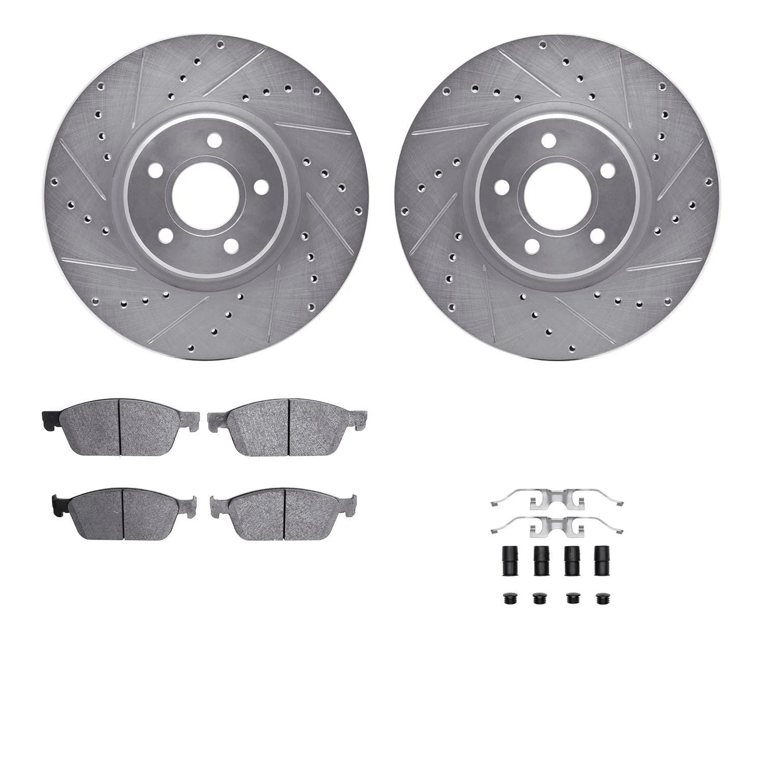 R1 Concepts 13-19 Ford Focus Front Drilled & Slotted Silver Brake Rotor Set w/Ceramic Pads and Hardware