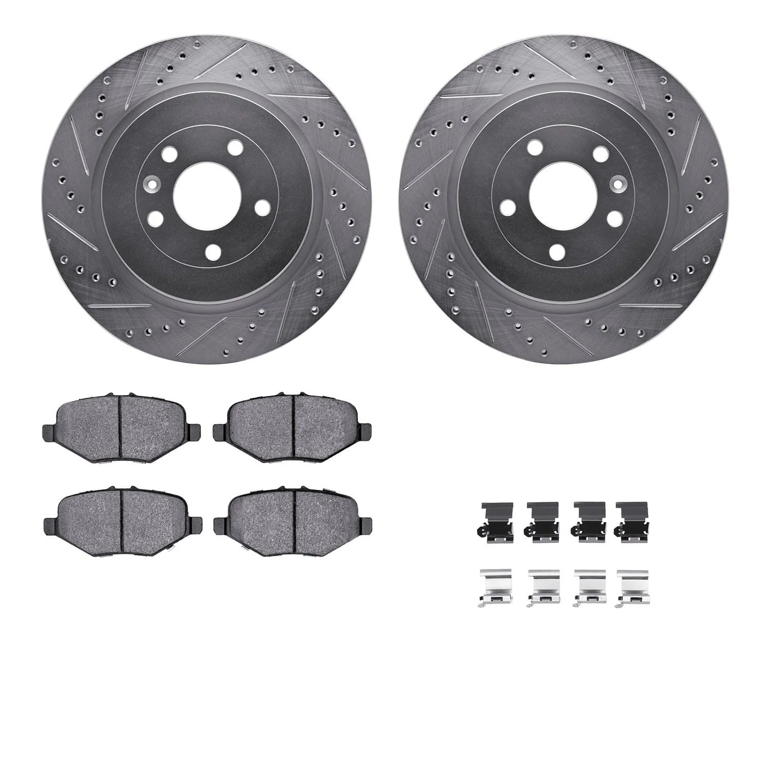 R1 Concepts 13-19 Ford Taurus Rear Drilled & Slotted Silver Brake Rotor Set w/Ceramic Pads and Hardware