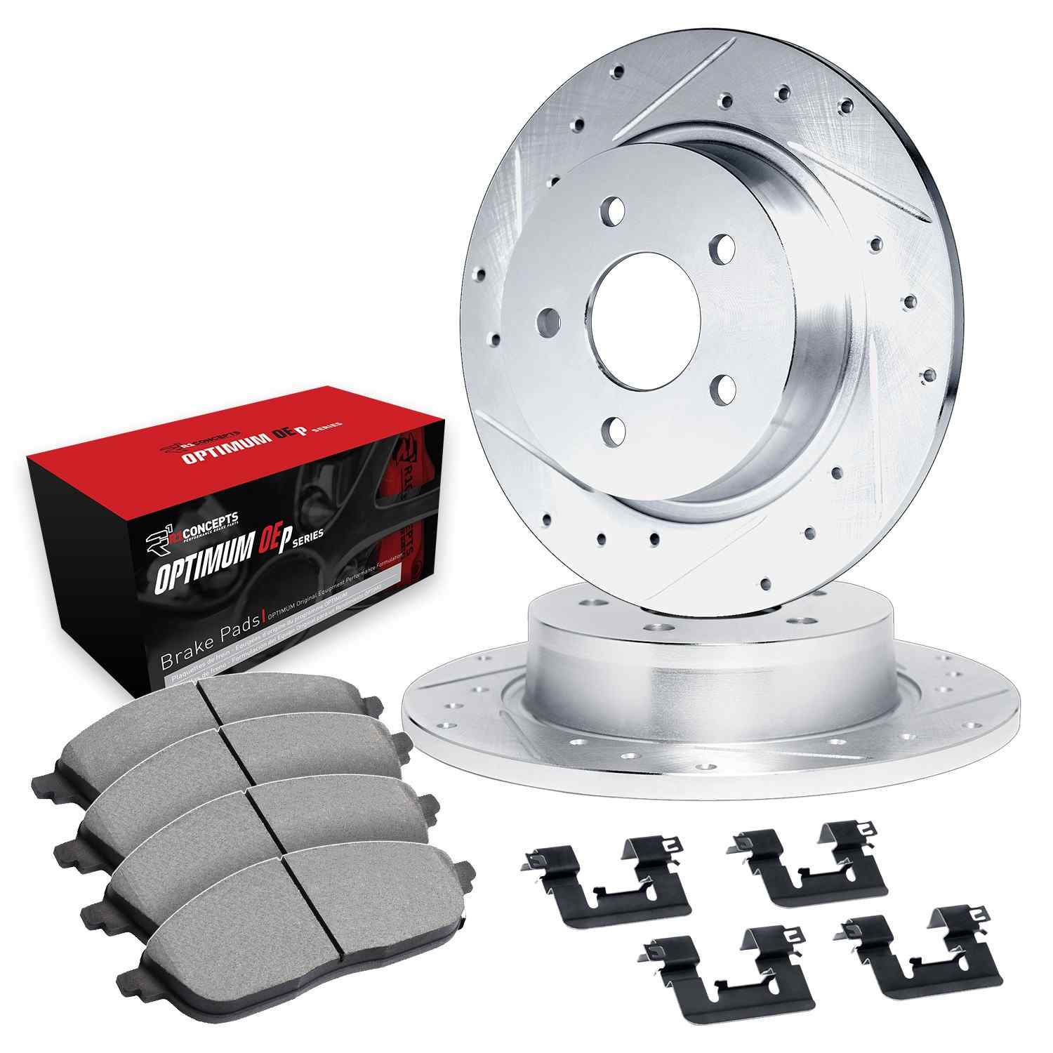 R1 Concepts 13-24 Hyundai Sonata Rear Drilled & Slotted Silver Brake Rotor Set w/Optimum OE Pads and Hardware - Image 2