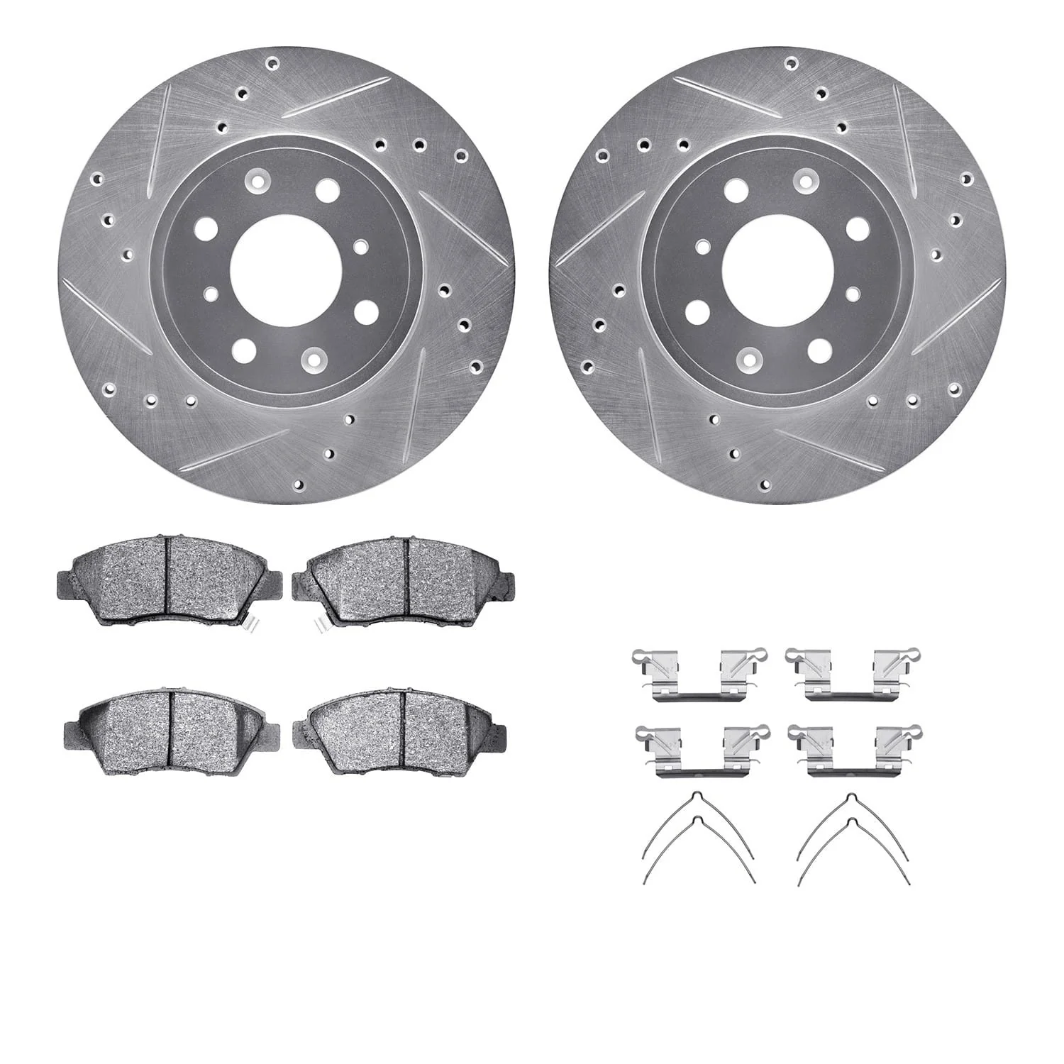 R1 Concepts 14-20 Honda City Front Drilled & Slotted Silver Brake Rotor Set w/Optimum OE Pads and Hardware