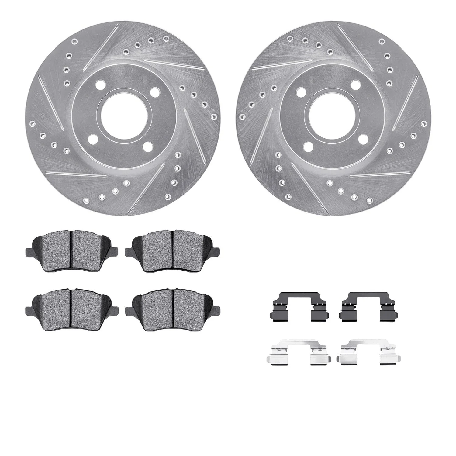 R1 Concepts 14-23 Ford Fiesta Front Drilled & Slotted Silver Brake Rotor Set w/Euro Ceramic Pads and Hardware