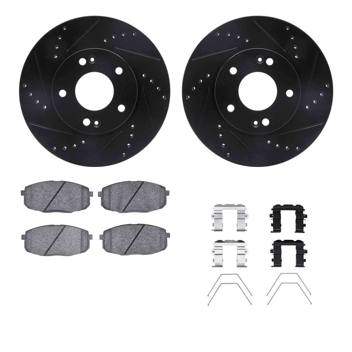 R1 Concepts 14-25 Hyundai Kona Front Drilled & Slotted Black Brake Rotor Set w/Optimum OE Pads and Hardware