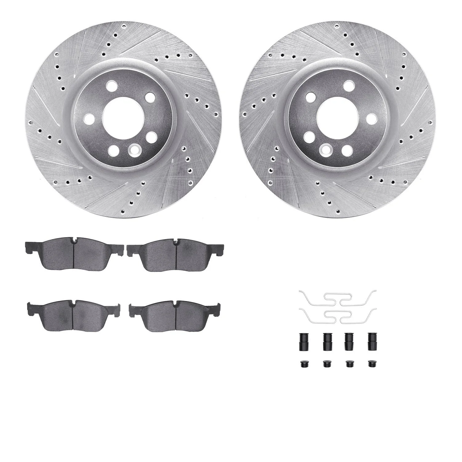R1 Concepts 15-19 Jaguar E-Pace Front Drilled & Slotted Silver Brake Rotor Set w/Ceramic Pads and Hardware