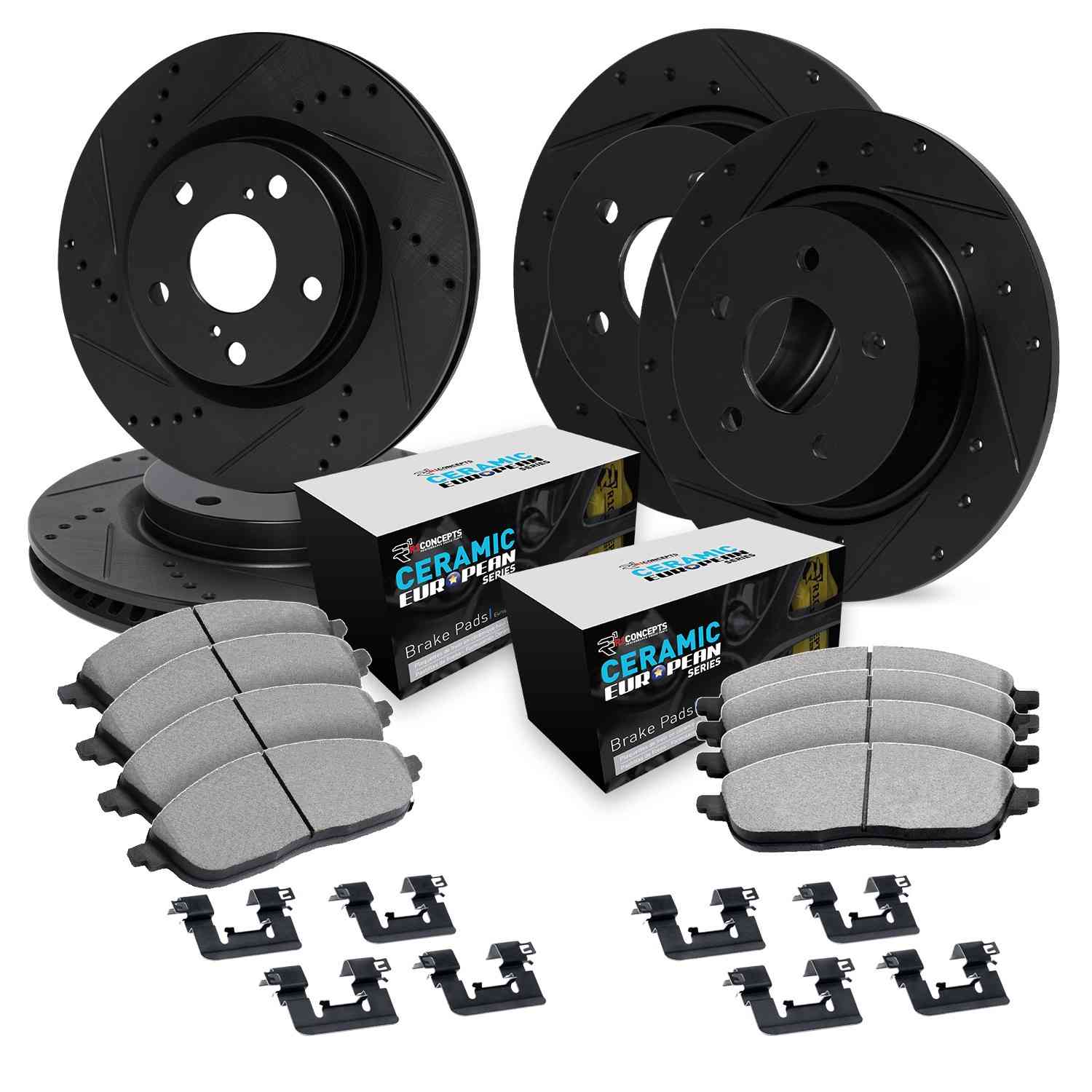 R1 Concepts 15-19 Jaguar E-Pace Front & Rear Drill/Slot Black Rotors w/Euro Ceramic Pads