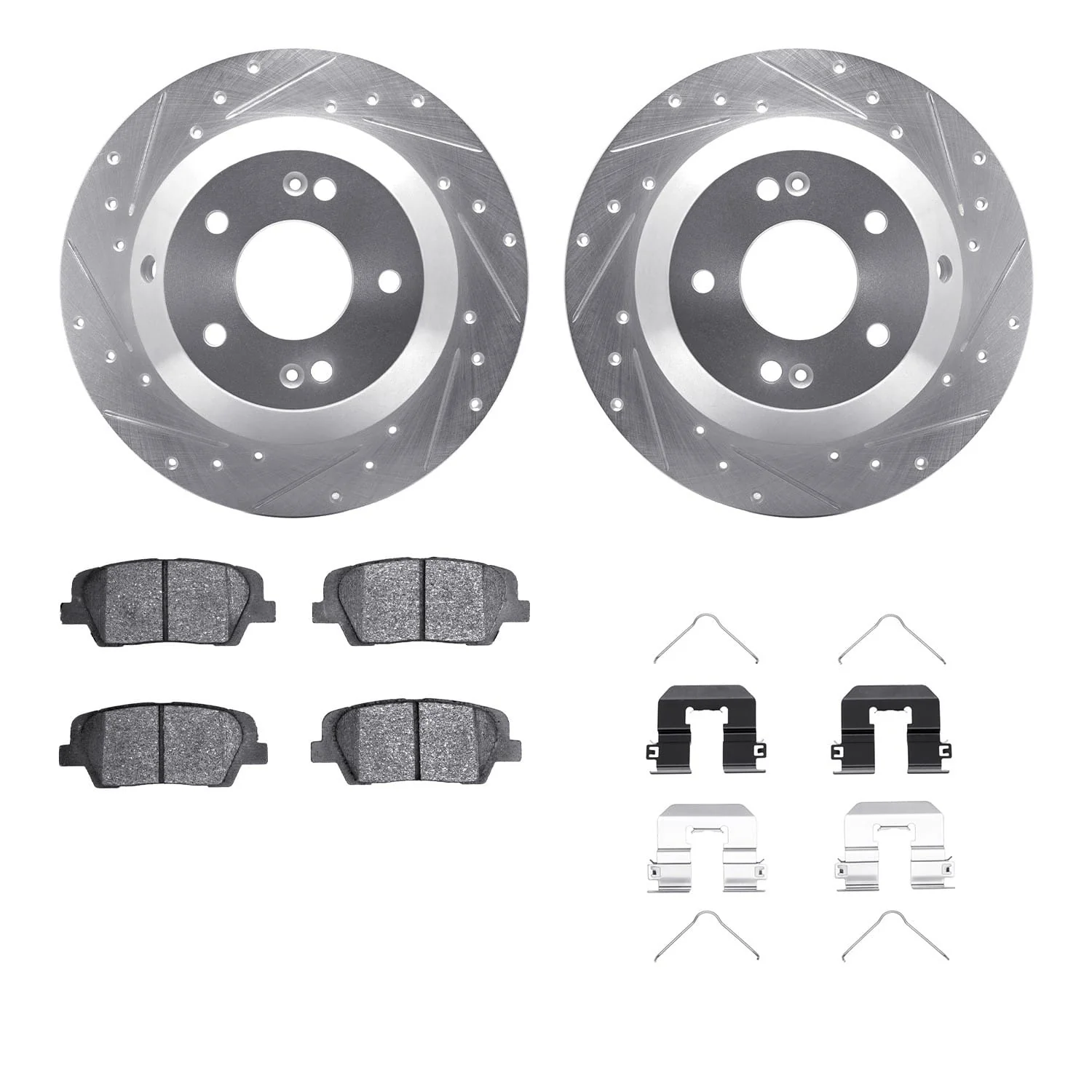 R1 Concepts 15-20 Kia Sorento Rear Drilled & Slotted Silver Brake Rotor Set w/Optimum OE Pads and Hardware