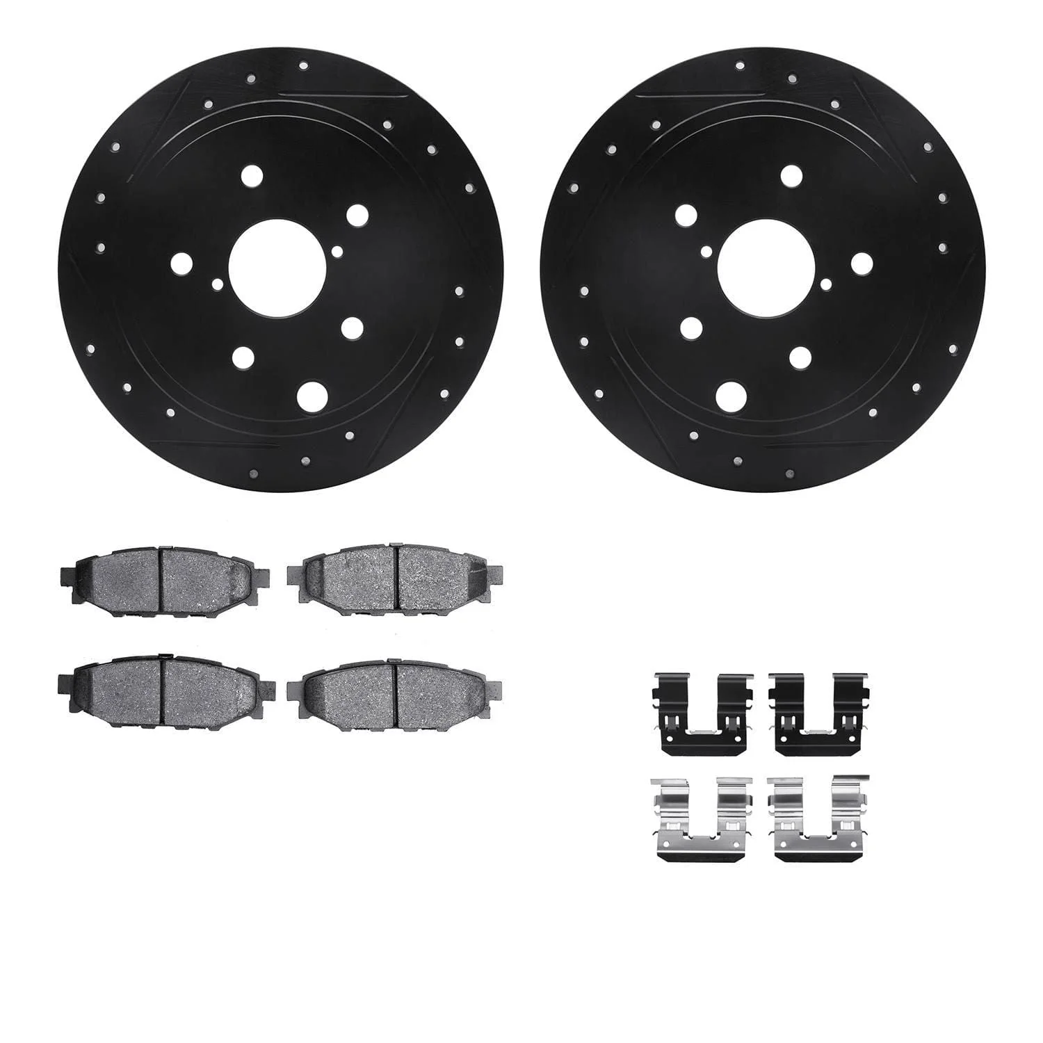 R1 Concepts 15-21 Subaru WRX Rear Drilled & Slotted Black Brake Rotor Set w/Optimum OE Pads and Hardware