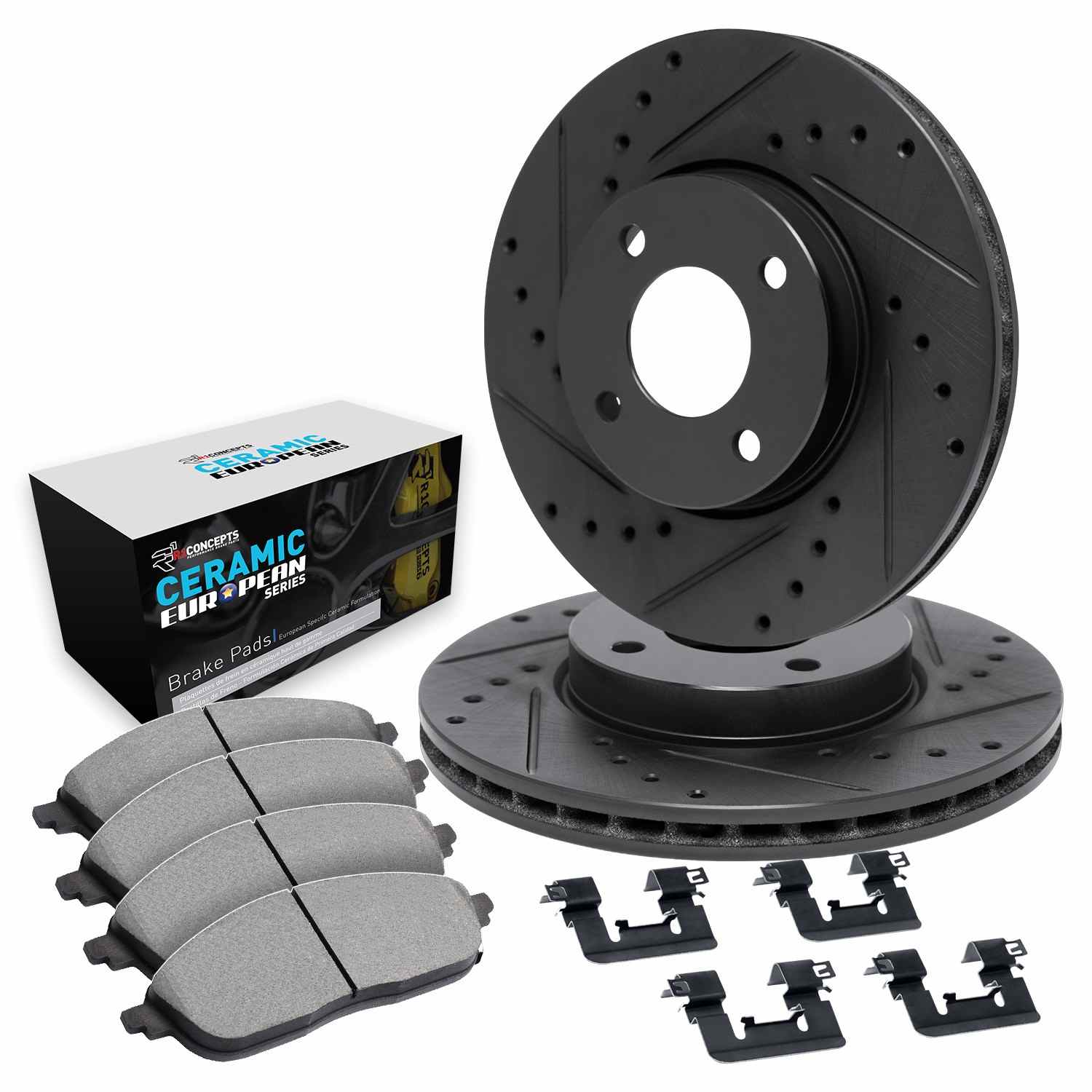 R1 Concepts 16-18 Smart Fortwo Front Drilled & Slotted Black Brake Rotor Set w/Euro Ceramic Pads and Hardware